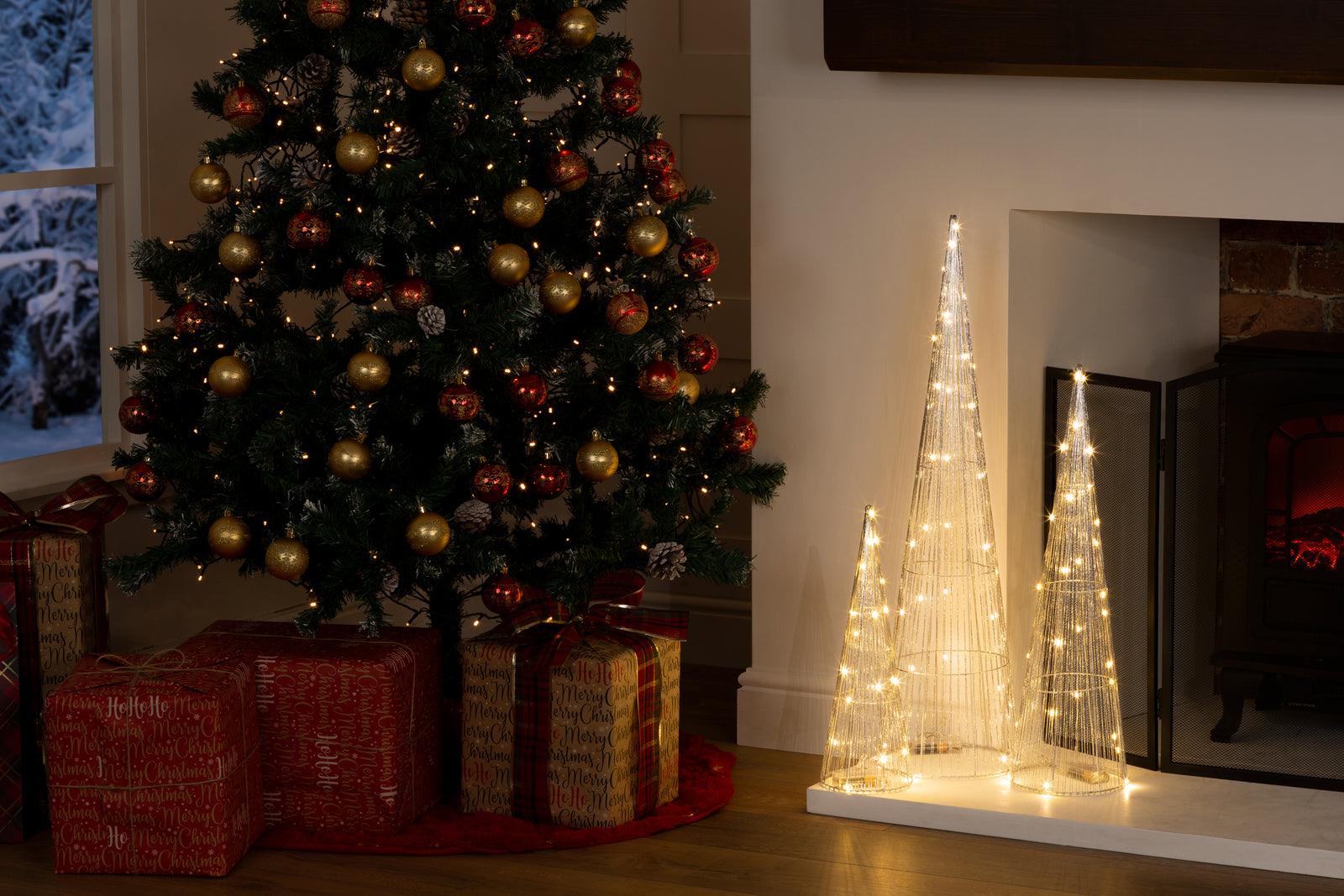 3pc Light Up Cone Tree Decorations With Warm Led Lights