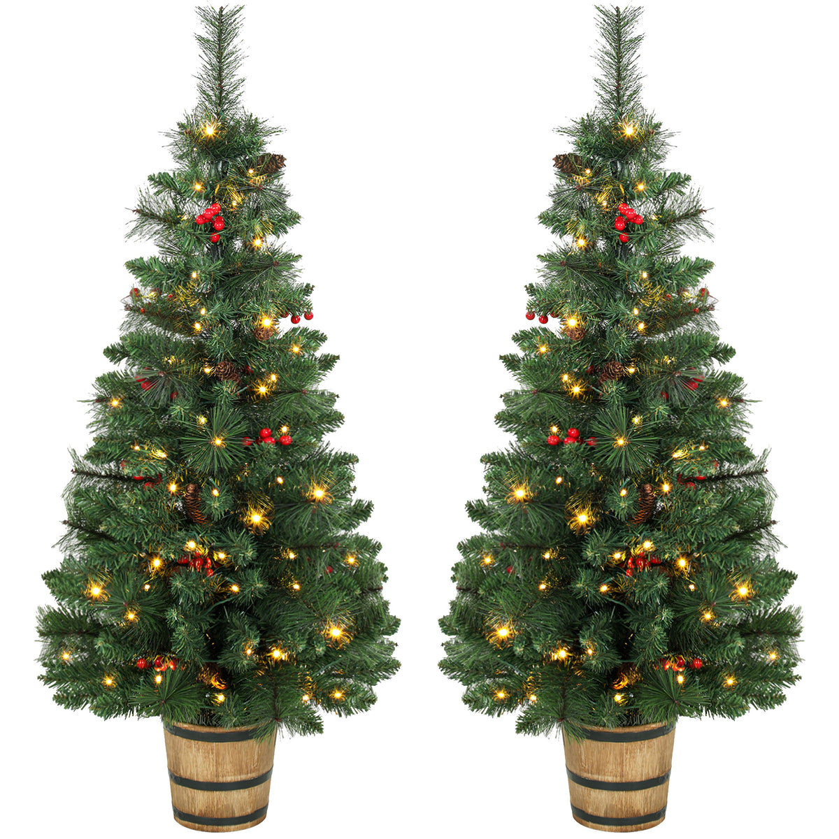 HOMCOM 2 Pcs Prelit Christmas Trees With Dual-colour Lights, Red Berry, 4ft
