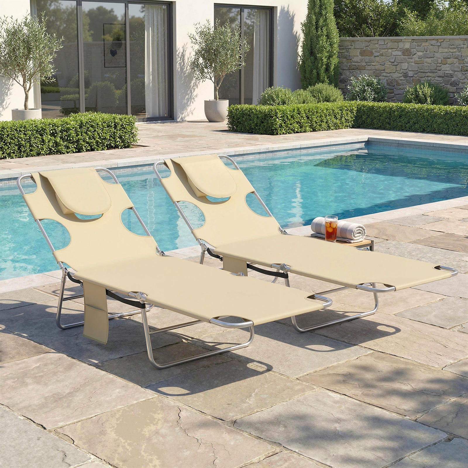2 Sun Loungers With Reading Hole, Folding Garden Lounger | Beige