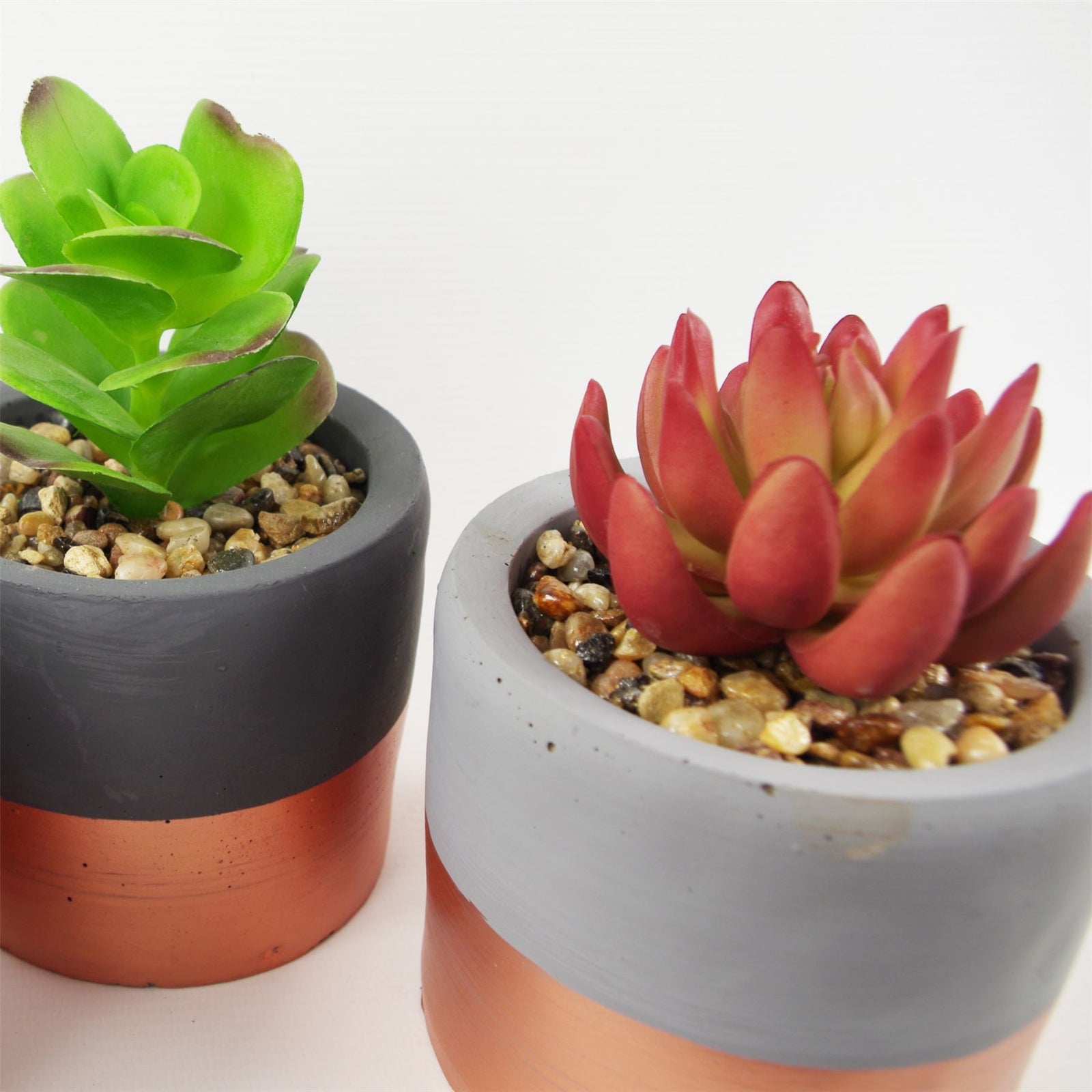 14cm Set Of Three Stoneware Mini Copper Band Planters With Artificial Succulent Plants