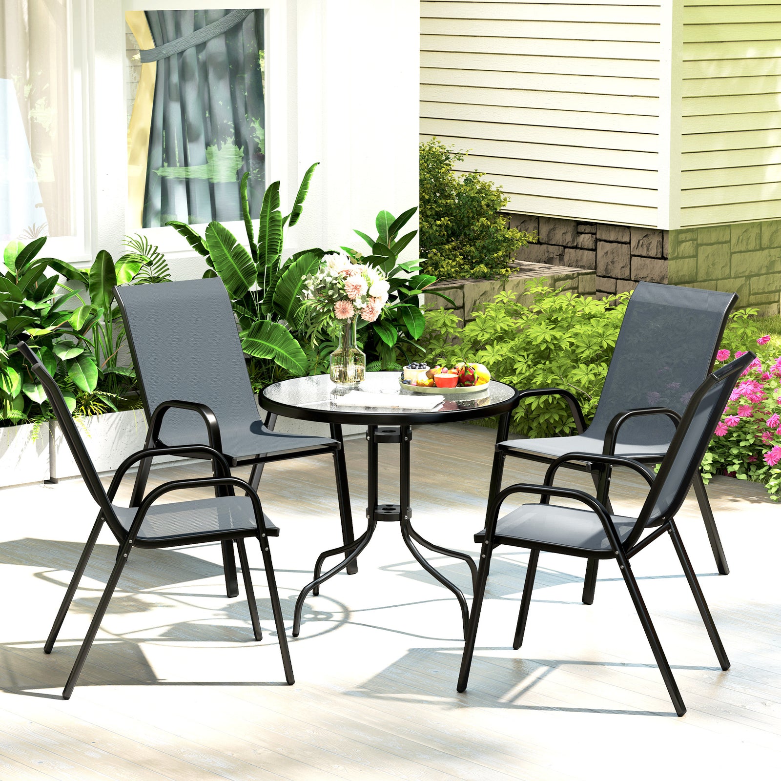 5 Pcs Garden Furniture Set, Round Table And Stackable Chairs | Dark Gray