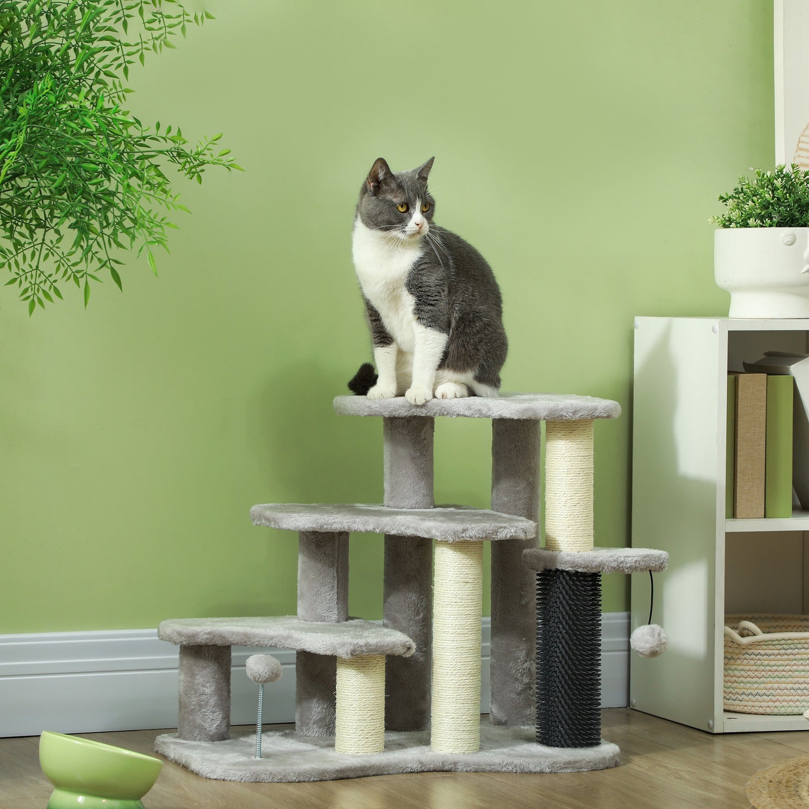 Cat Tree 2 In 1 Pet Stairs W/ Scratching Tickling Post, Light Grey