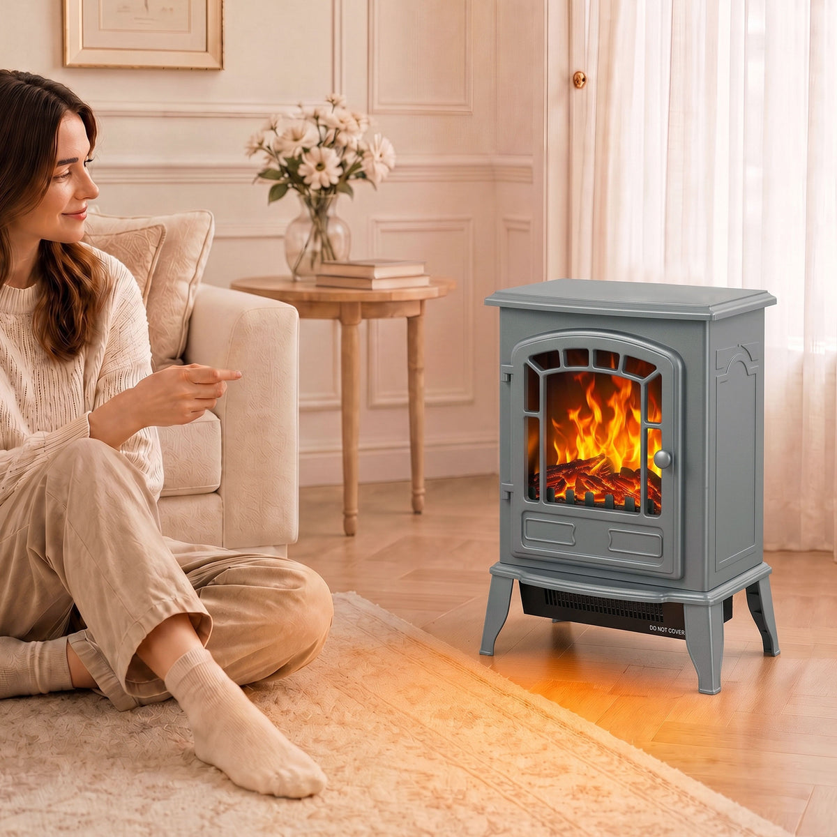 Freestanding Electric Fireplace Stove With Led Flame, 2000w | Grey
