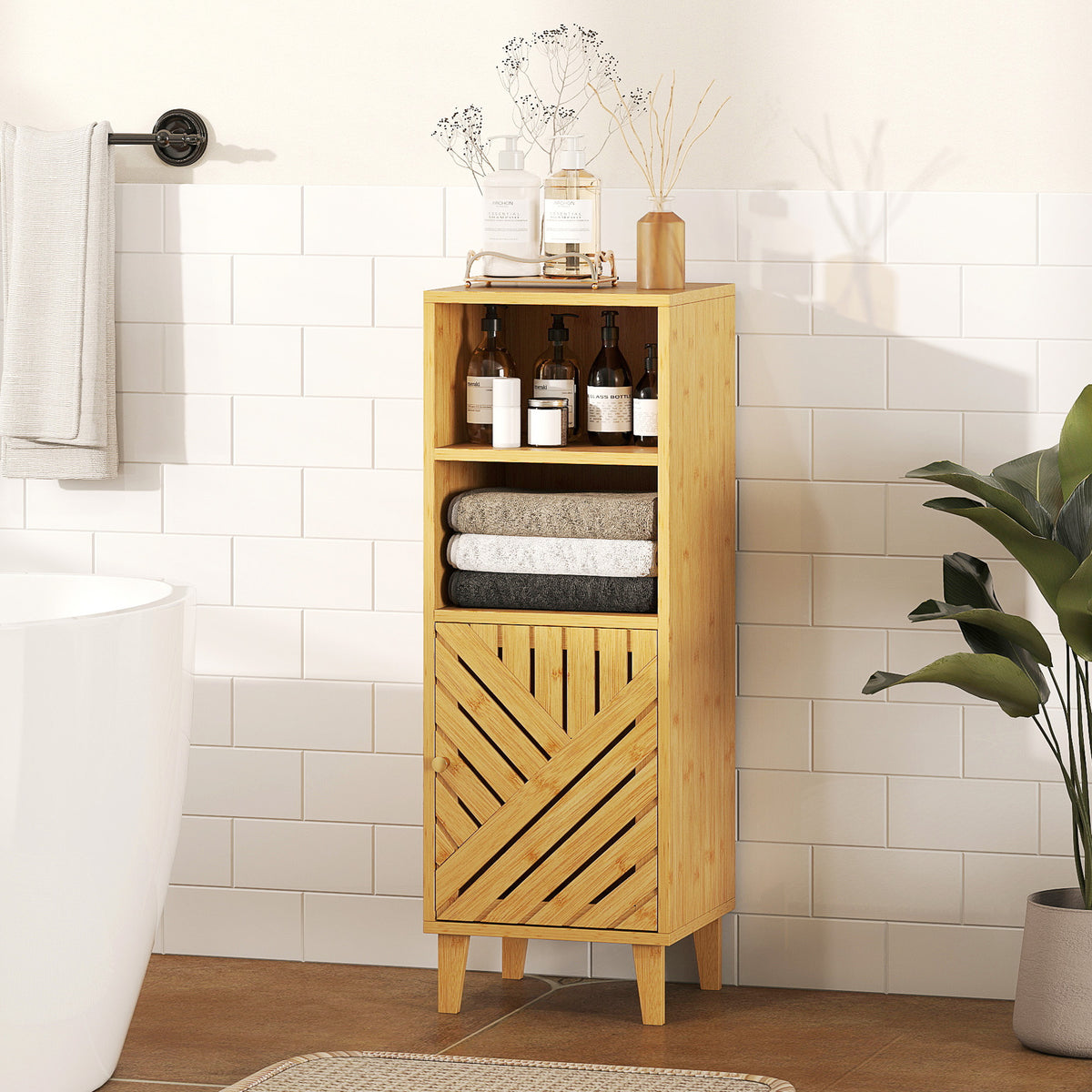 HOMCOM Narrow Bathroom Storage Cabinet With Open Compartments, Natural