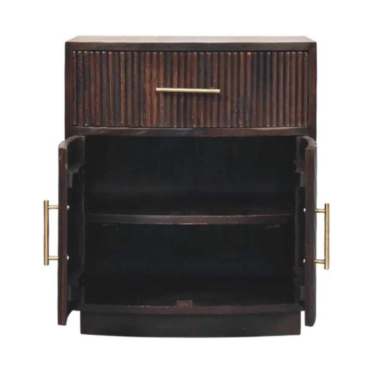 Milan Solid Mango Wood Bedside Table – Velvet Mocha Finish With Brass Accents