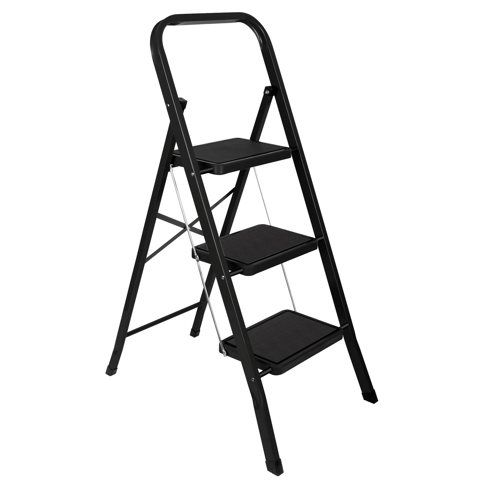3 Step Ladder Black, Heavy-duty Steel Folding Home Diy Step Stool With Wide Non-slip Steps & Anti Slip Feet 150kg Capacity | 3 Step | Black