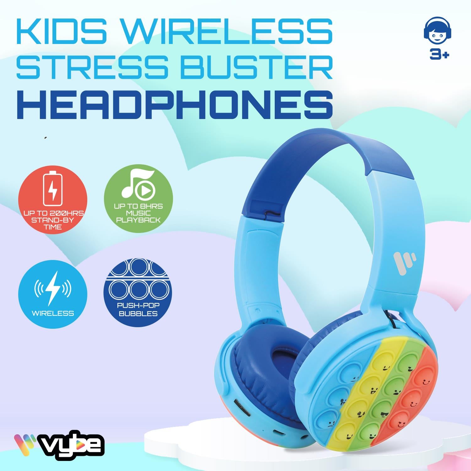 Push-pop Fidget Tool Aux Cable Wireless Kids Headset | Blue