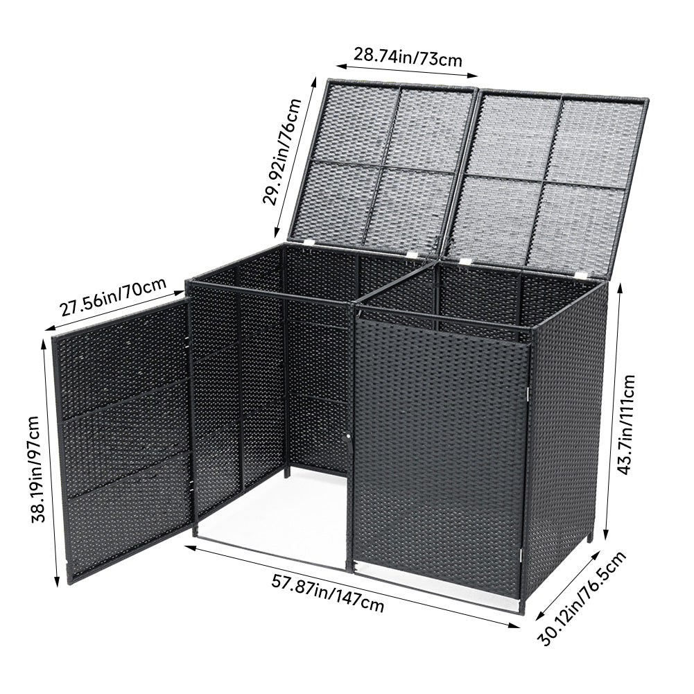 Pe Rattan Double Trash Can Storage Shed With Lid & Front Door, Outdoor Garbage Bin Enclosure, Metal Frame, Weather-resistant Wicker Design | Black