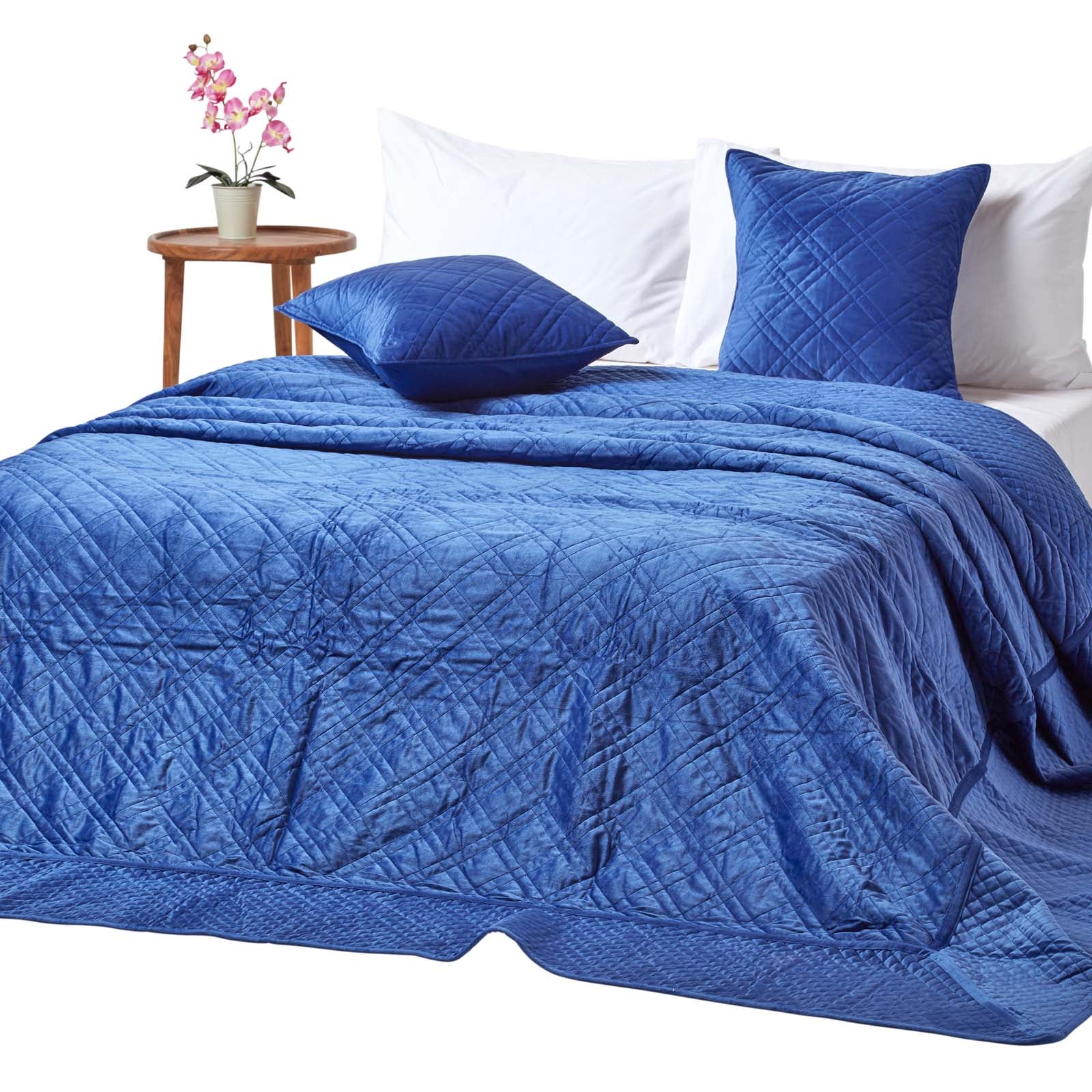 Paragon Diamond Pattern Geometric Velvet Bedspread | 250cm x 260cm | Navy Blue