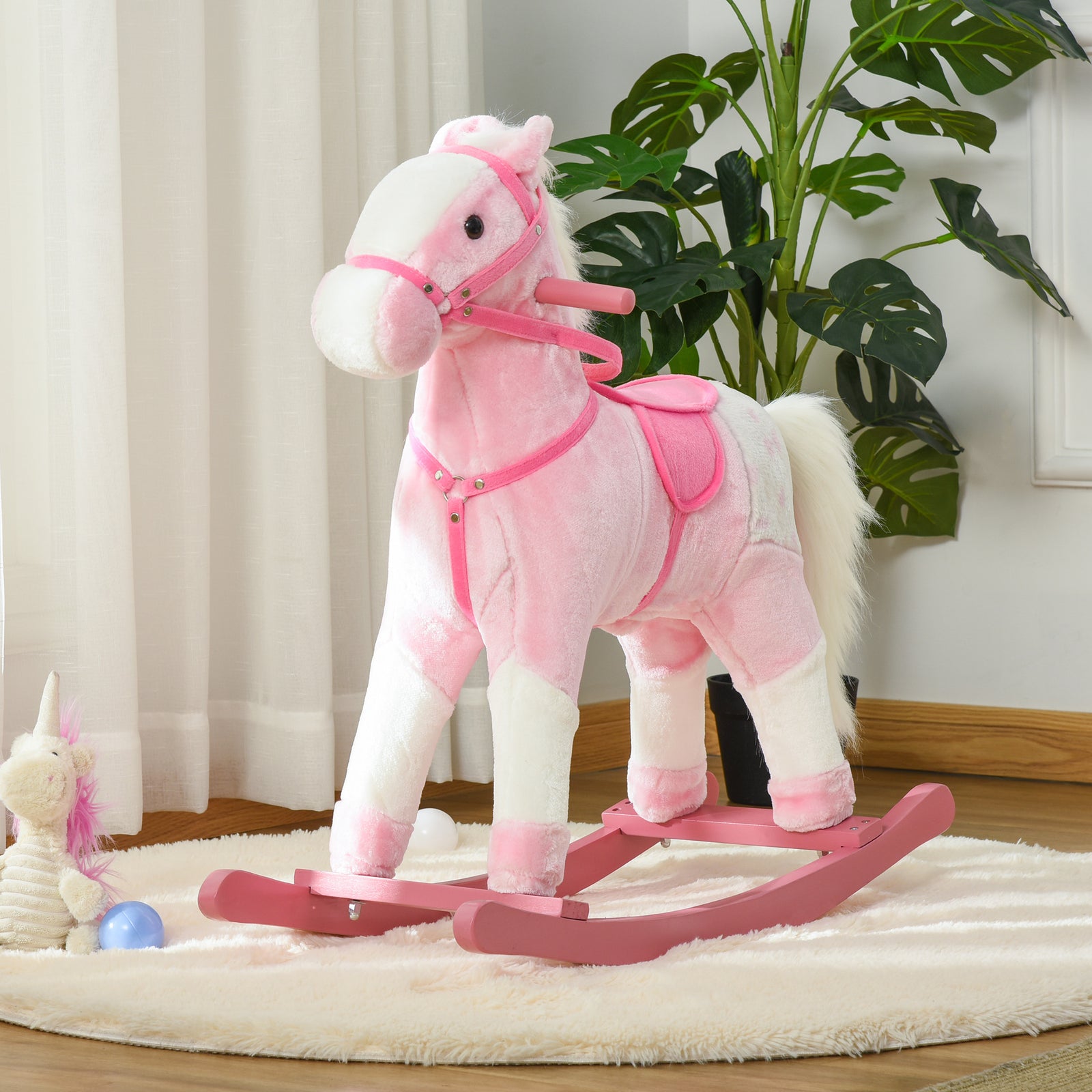 Rocking Horse Toy Plush Wood Pony Riding Rocker Neigh Sound | Pink