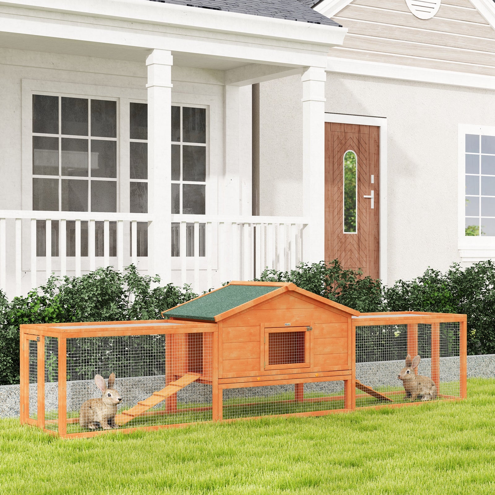 Wooden Rabbit Hutch Guinea Pig Hutch, Orange, 309 X 70 X 87cm