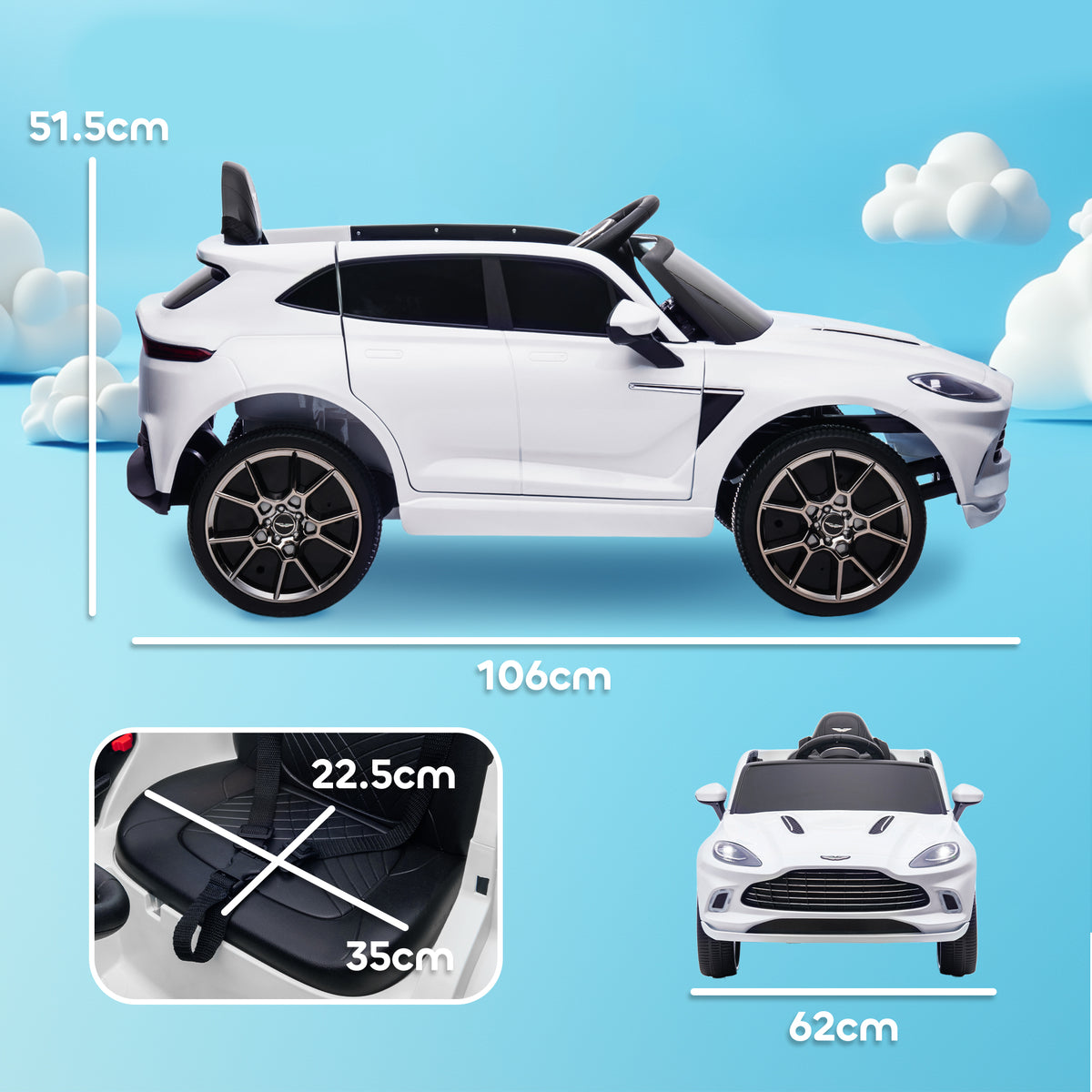 Aston Martin Dbx Licensed 12v Kids Ride On Car W/ 4 Suspension Wheels | White