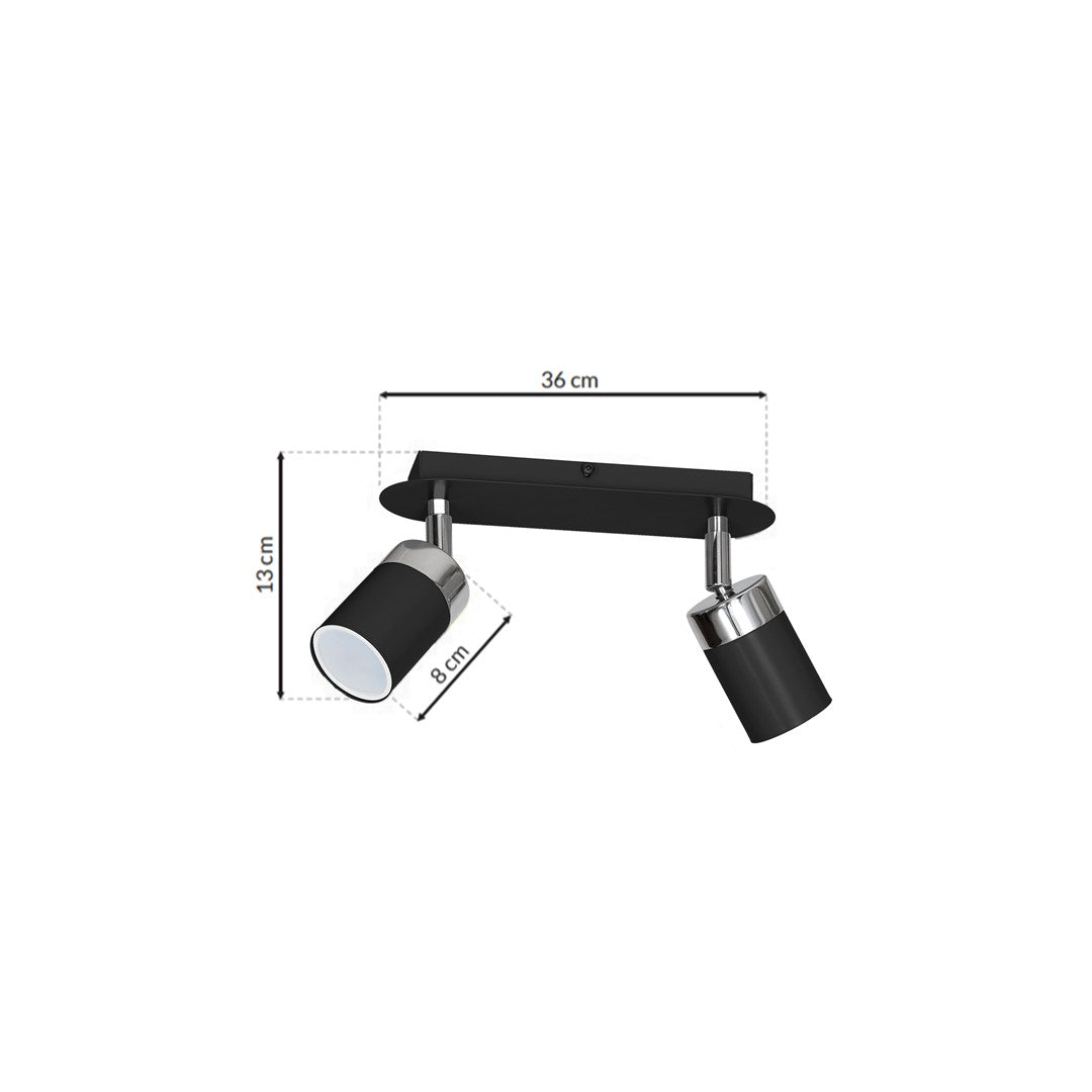 Joker Hand Made Ceiling Lamp In Matt Black With Striking Chrome Detail Featuring 2 Minmalistic Slender Cylinder Shades