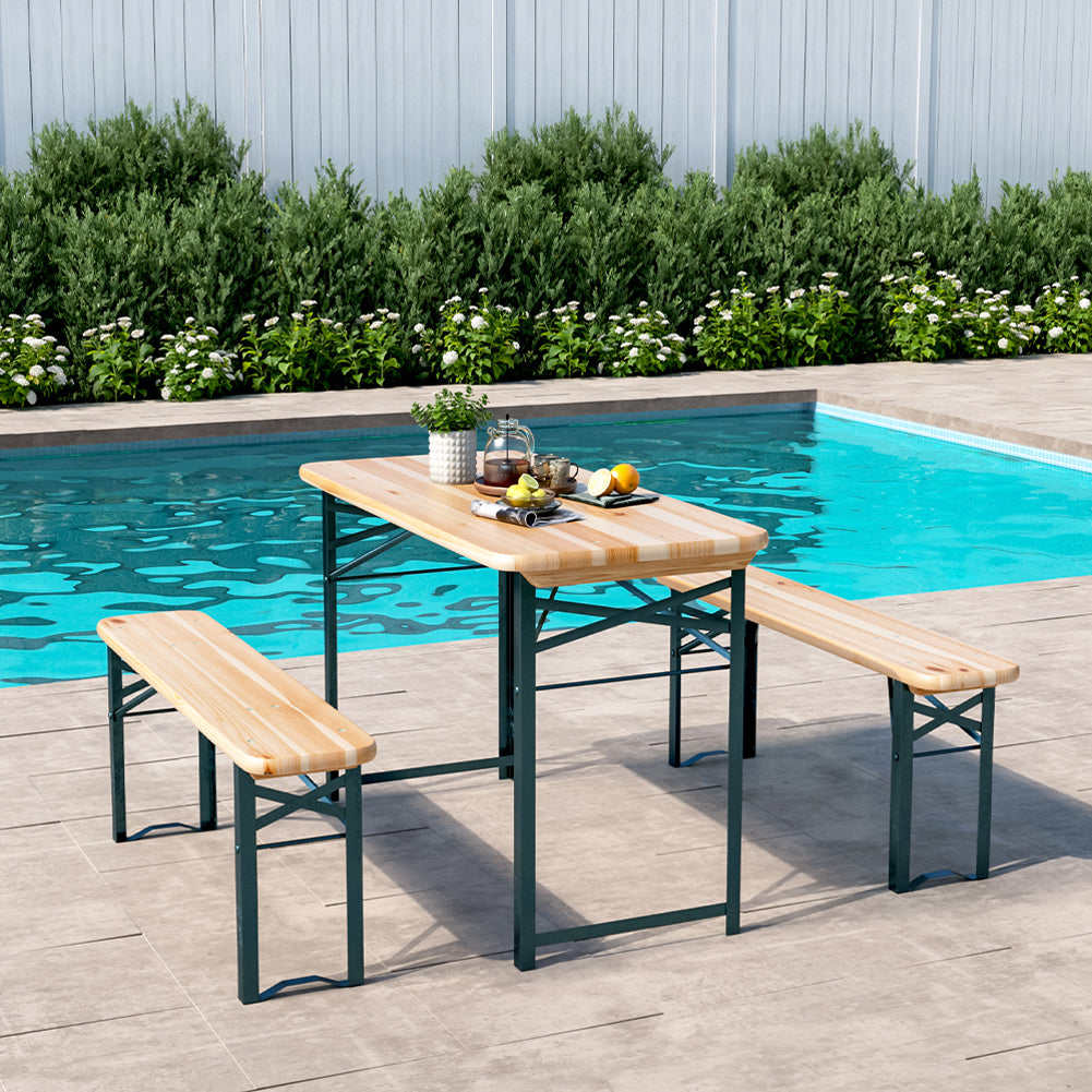 Outdoor Wooden 3-piece Garden Table Bench Furniture Set