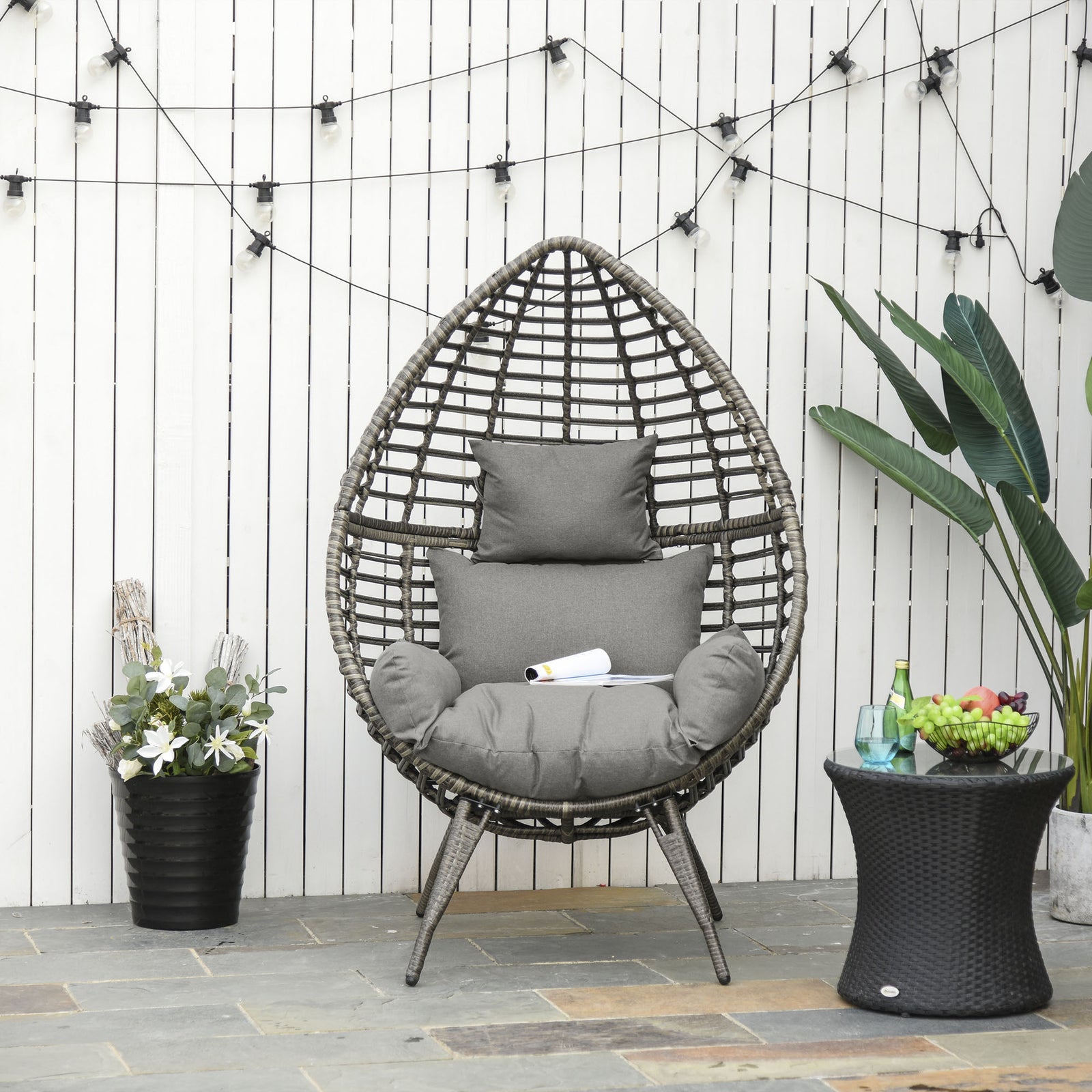 Rattan Wicker Teardrop Chair Lounger Soft Cushioned Patio | Gray