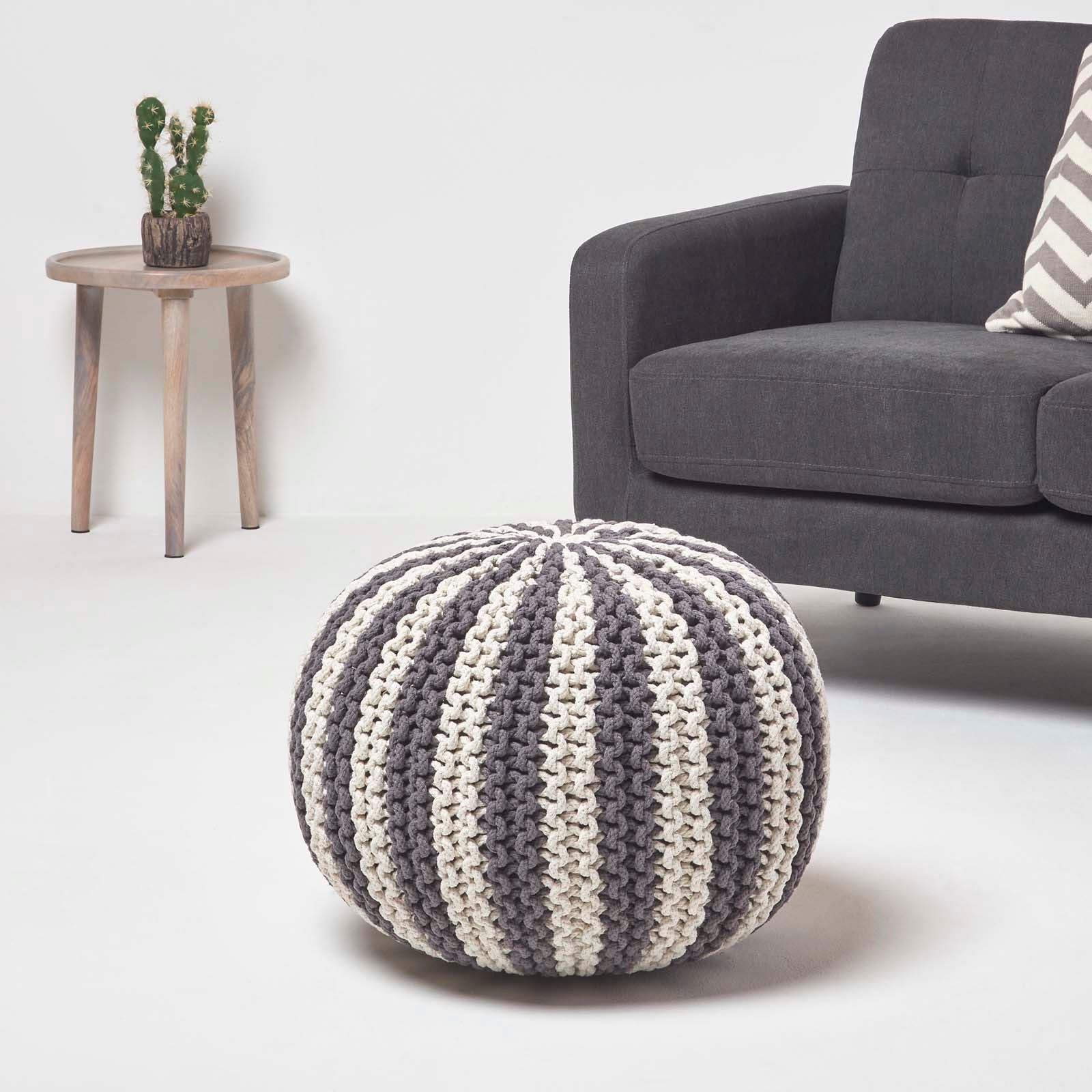 Knitted Pouffe Striped Footstool | 50cm x 35cm | Grey