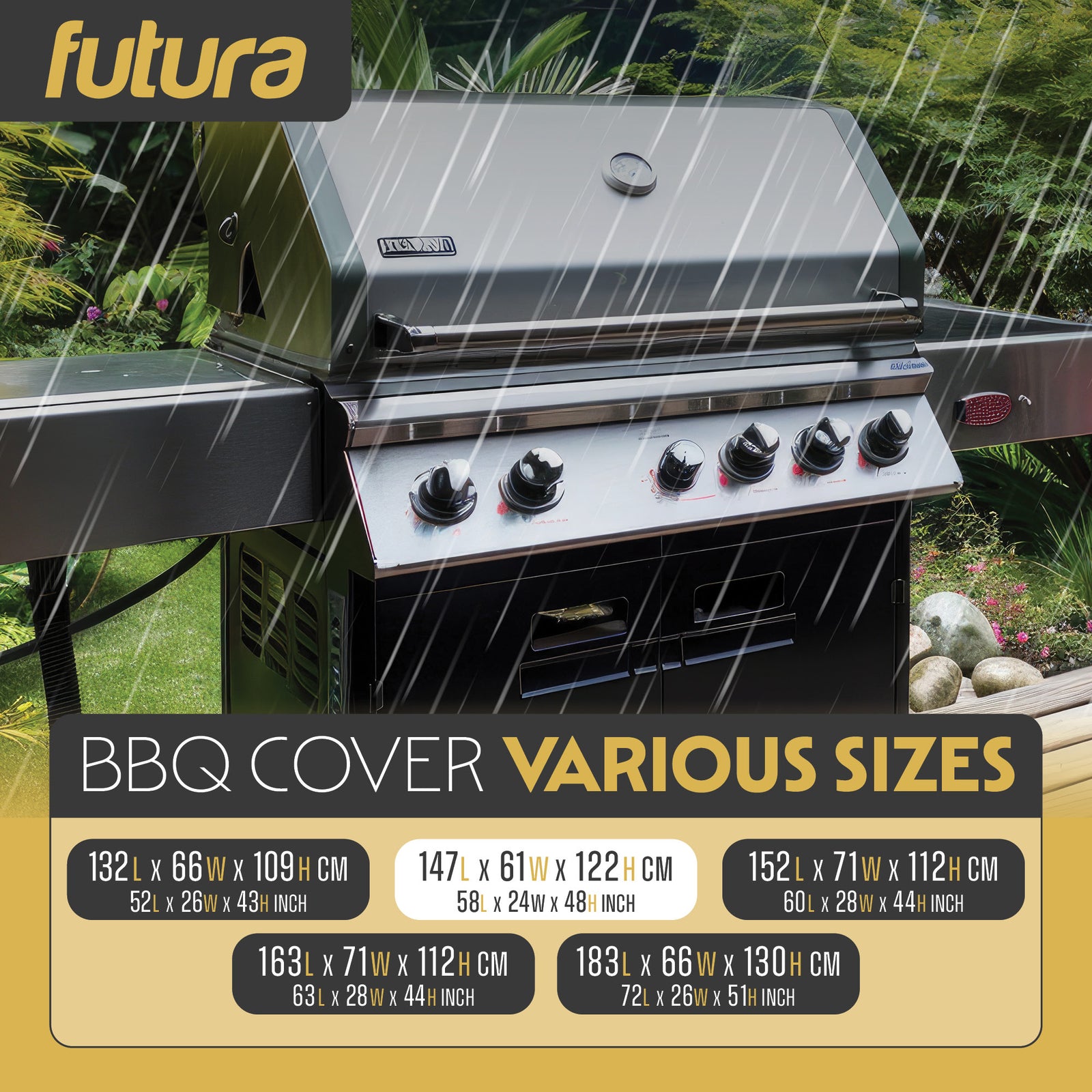 Premium Waterproof Bbq Cover Large Outdoor Barbecue Grills Cover 600d Oxford Fabric Uv Protection, Pvc Lining | 147cm | Black