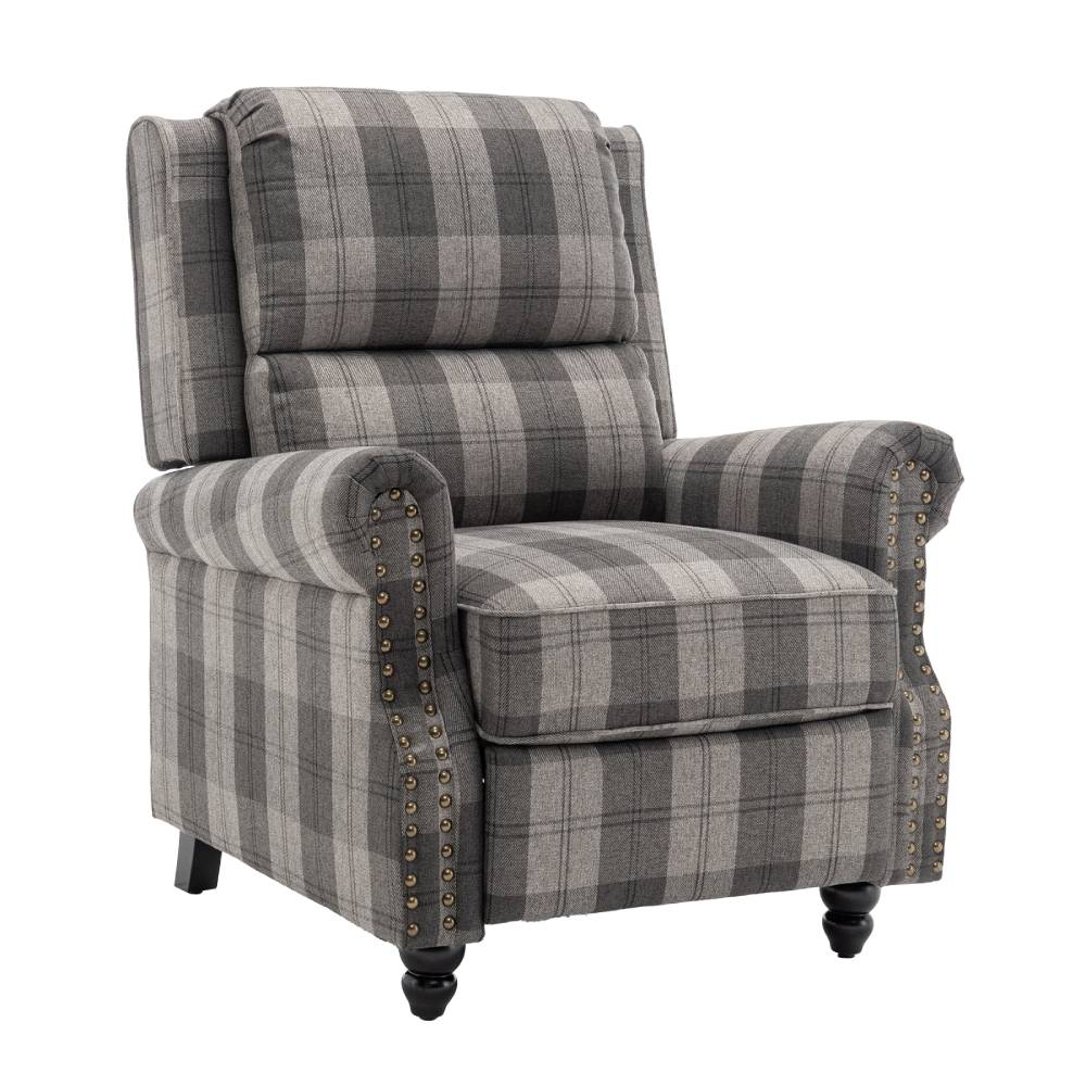 Modern Linen Upholstered Push Back Recliner Armchair With Adjustable Backrest & Hidden Footrest | Grey