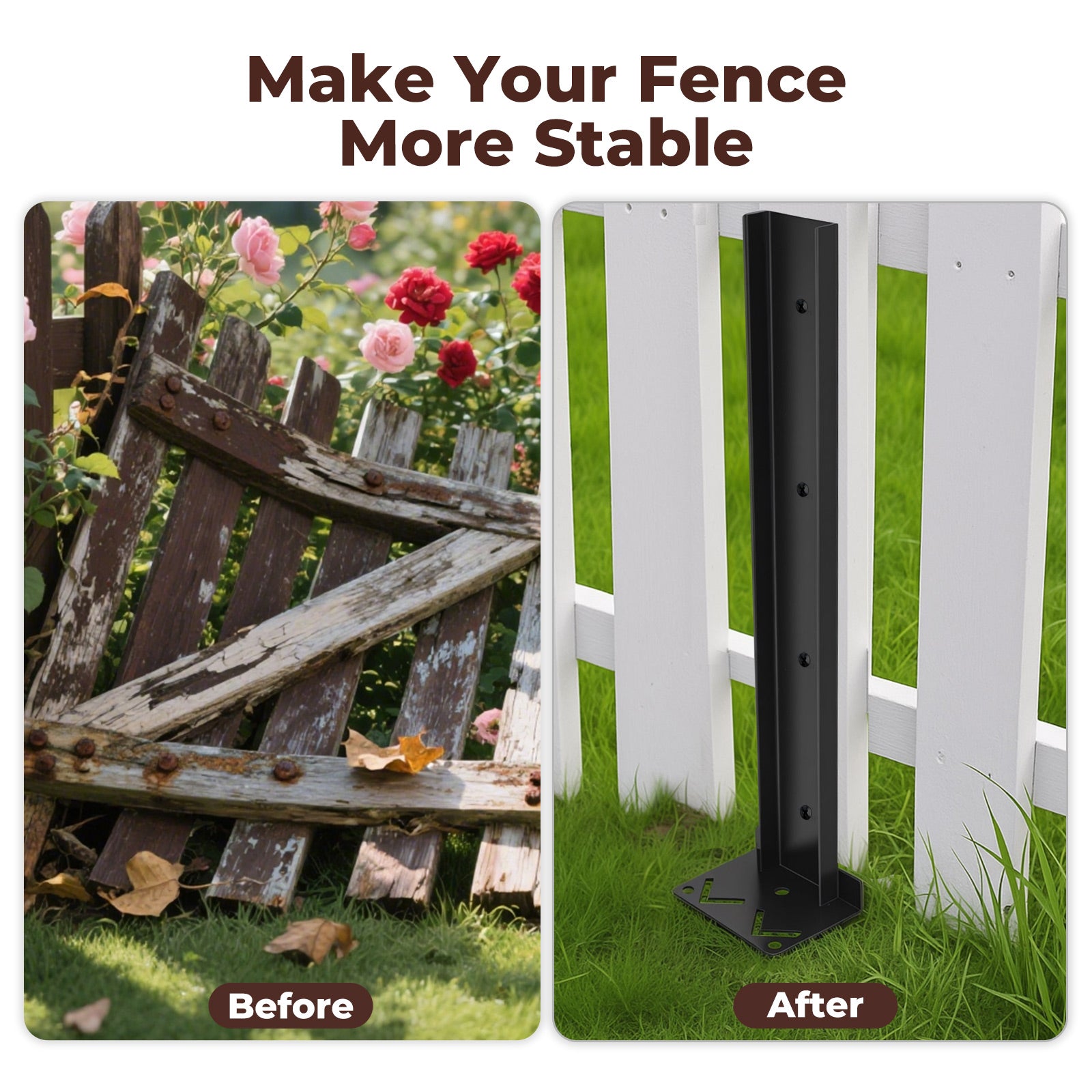 Fence Post Repair Stakes Kit Powder-coated Metal Garden Fence Support | Black