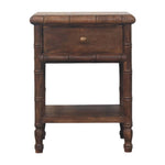 Solid Wood Bamboo Carved Bedside Table, 1 Drawer And Open Shelf, Dark Brown