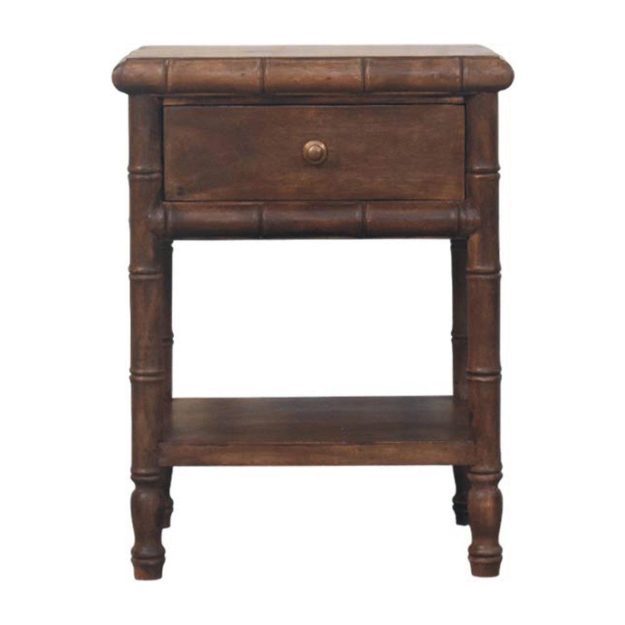 Solid Wood Bamboo Carved Bedside Table, 1 Drawer And Open Shelf, Dark Brown