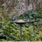 Secret Garden Metal Feeding Dish With Ground Spike, Decorative Leaf Design | Grey