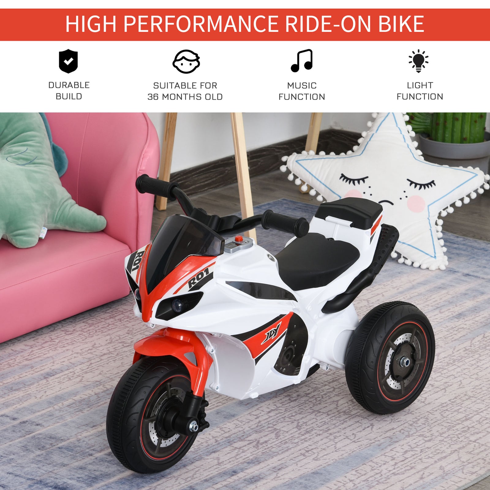 Kids Ride-on Police Bike 3-wheel Vehicle W/ Music Lights 18-36 Mths | White