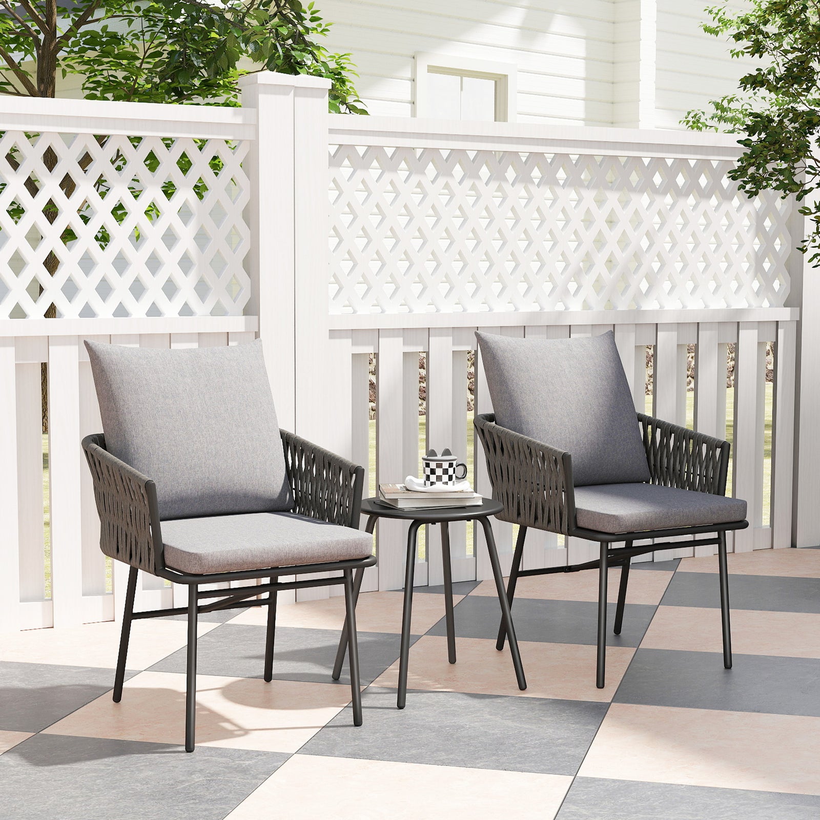 3-piece Rattan Bistro Set, Garden Table And Chairs, Grey