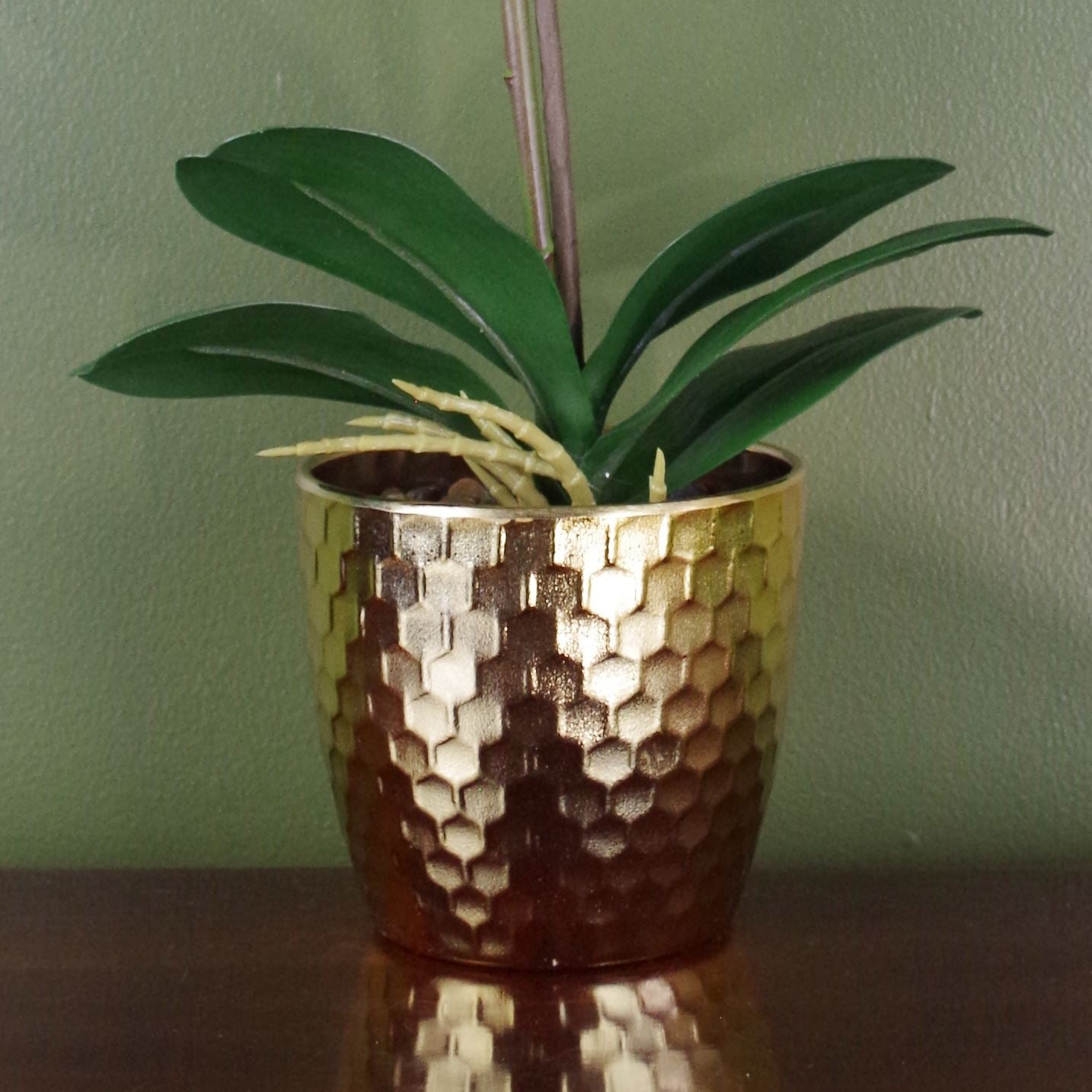 Artificial 50cm Phalaenopsis Orchid Dark Red Gold Pot