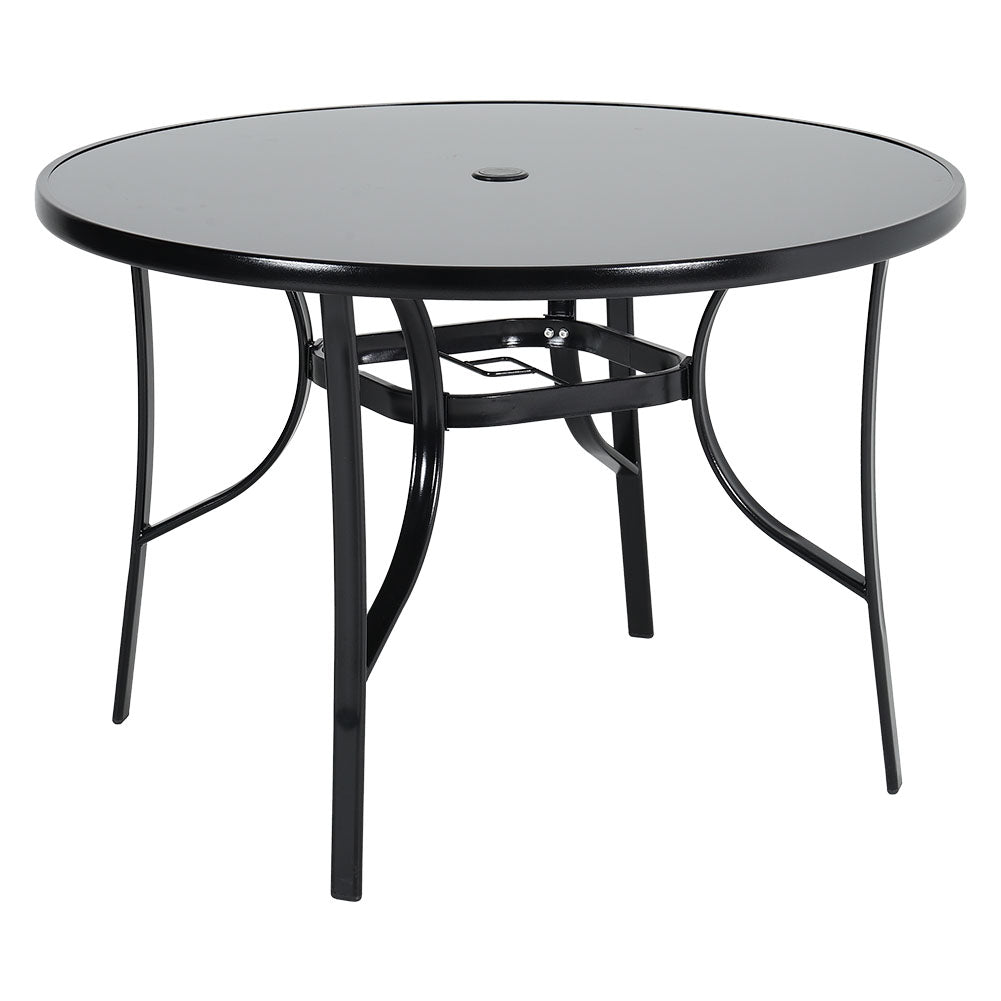 Round Metallic And Tempered Glass Garden Table With Parasol Hole Outdoor - 80cm/105cm Dia X 72 Cm H | Large | Black