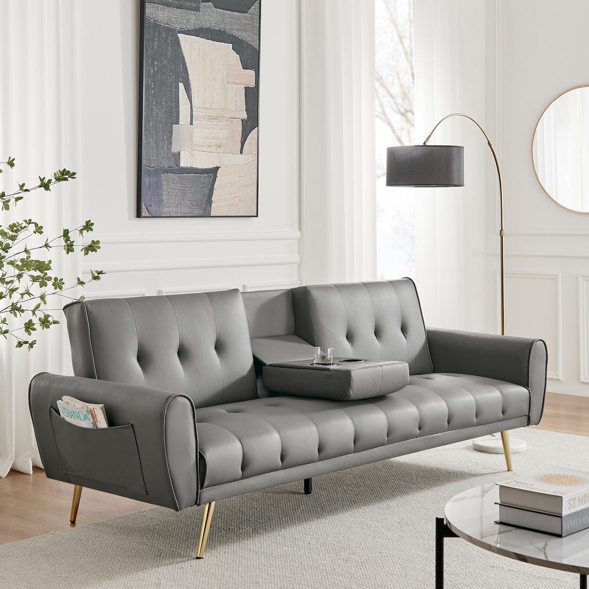 Faux Leather Sofa Bed With Cup Holders - 3 Seater | Grey
