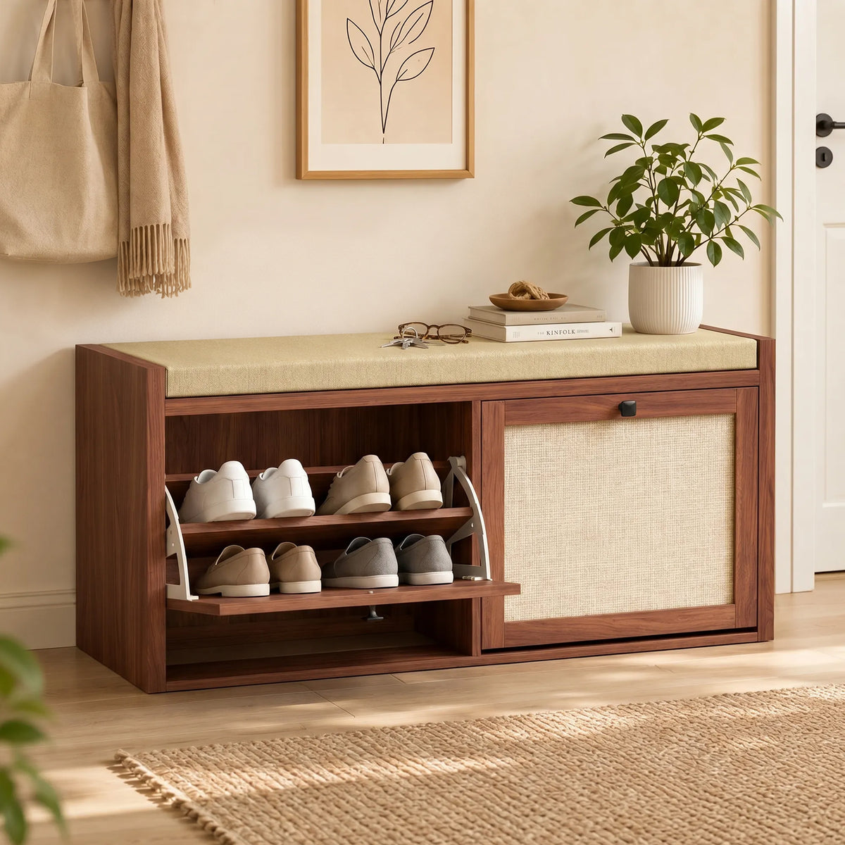 HOMCOM Rattan Shoe Bench With Padded Cushion And 2 Cabinets