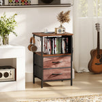 Slim Side Table With Charging Station, Bedside Table | Rustic Brown