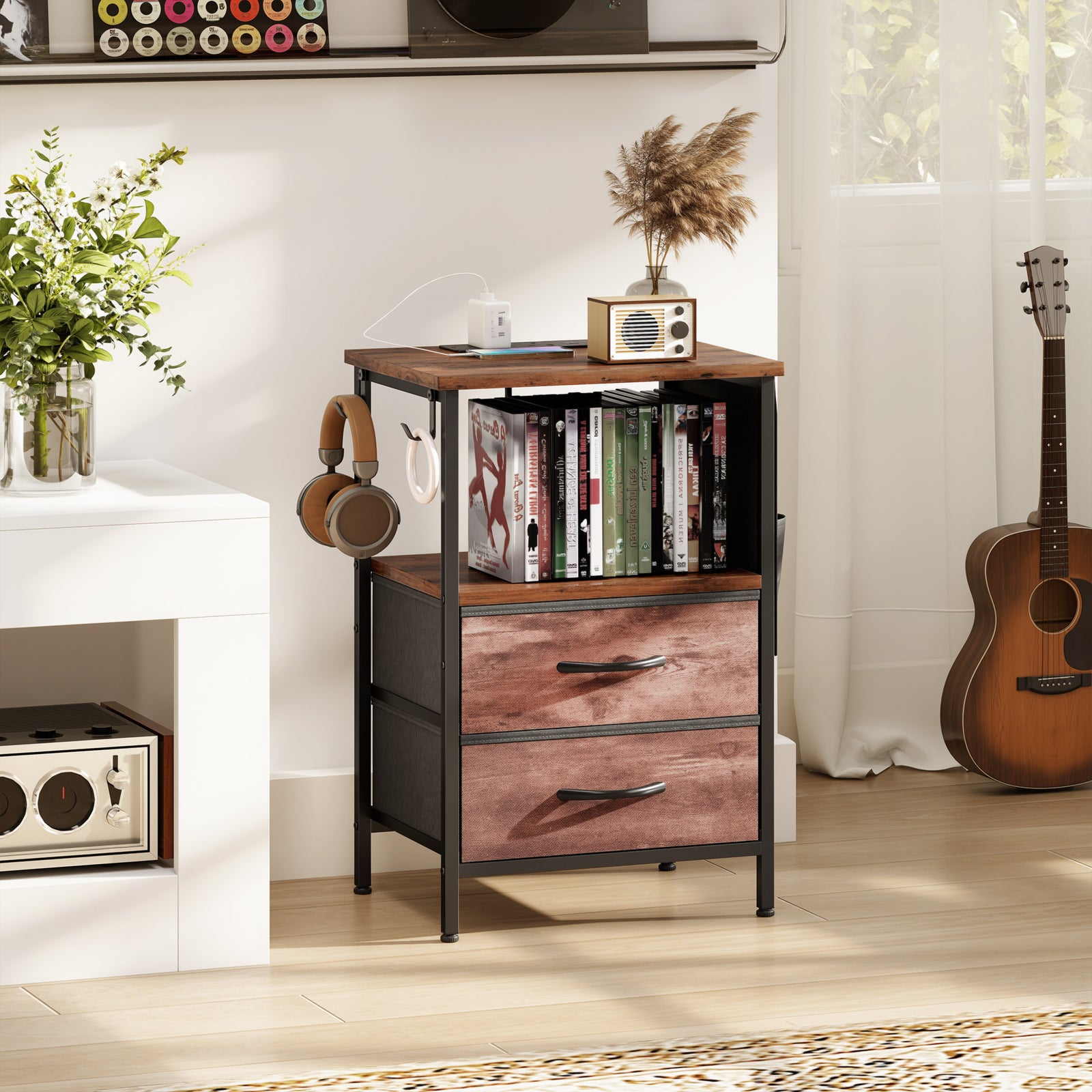Slim Side Table With Charging Station, Bedside Table | Rustic Brown