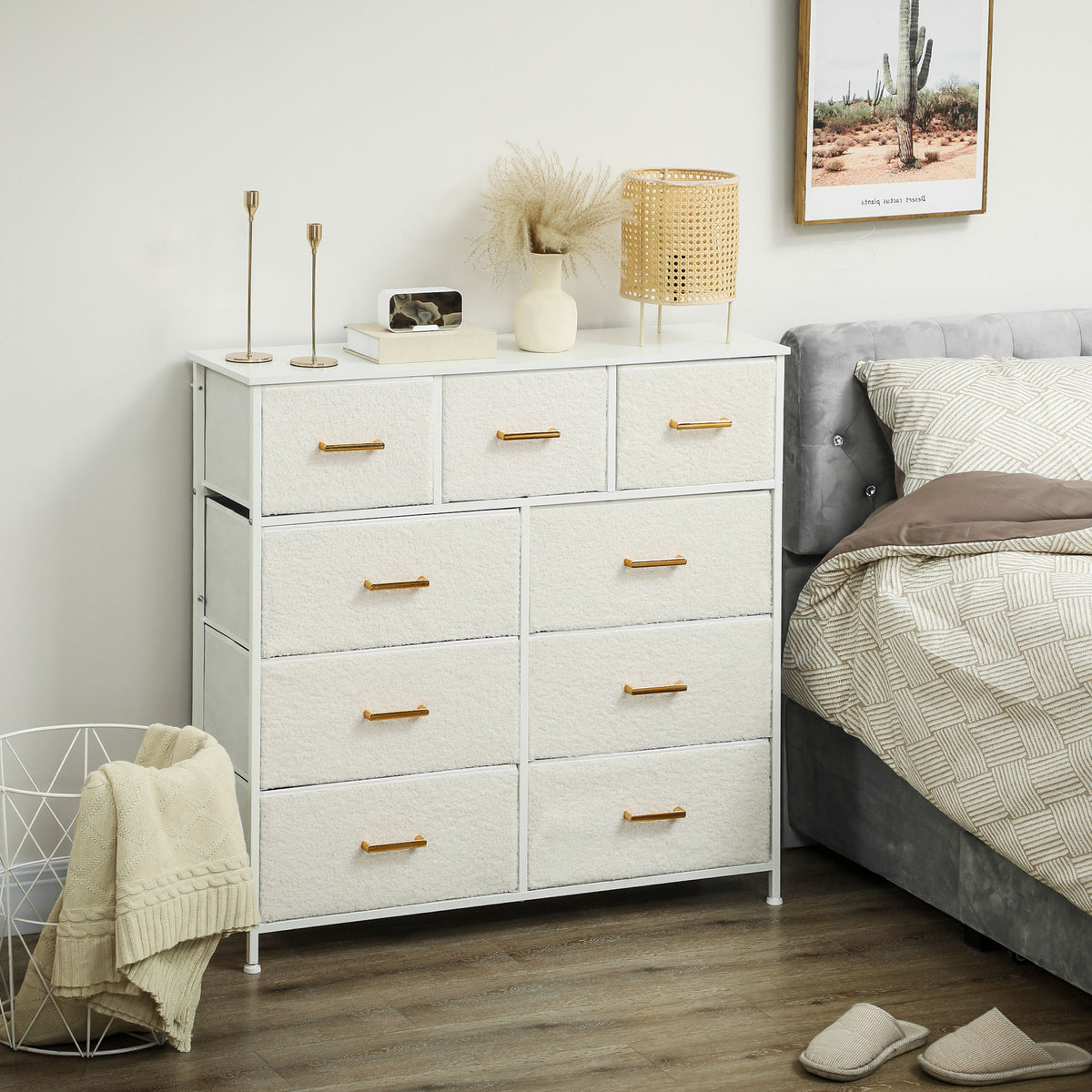 HOMCOM Chest Of Drawers With 9 Drawers, Boucle Storage Organiser, Cream