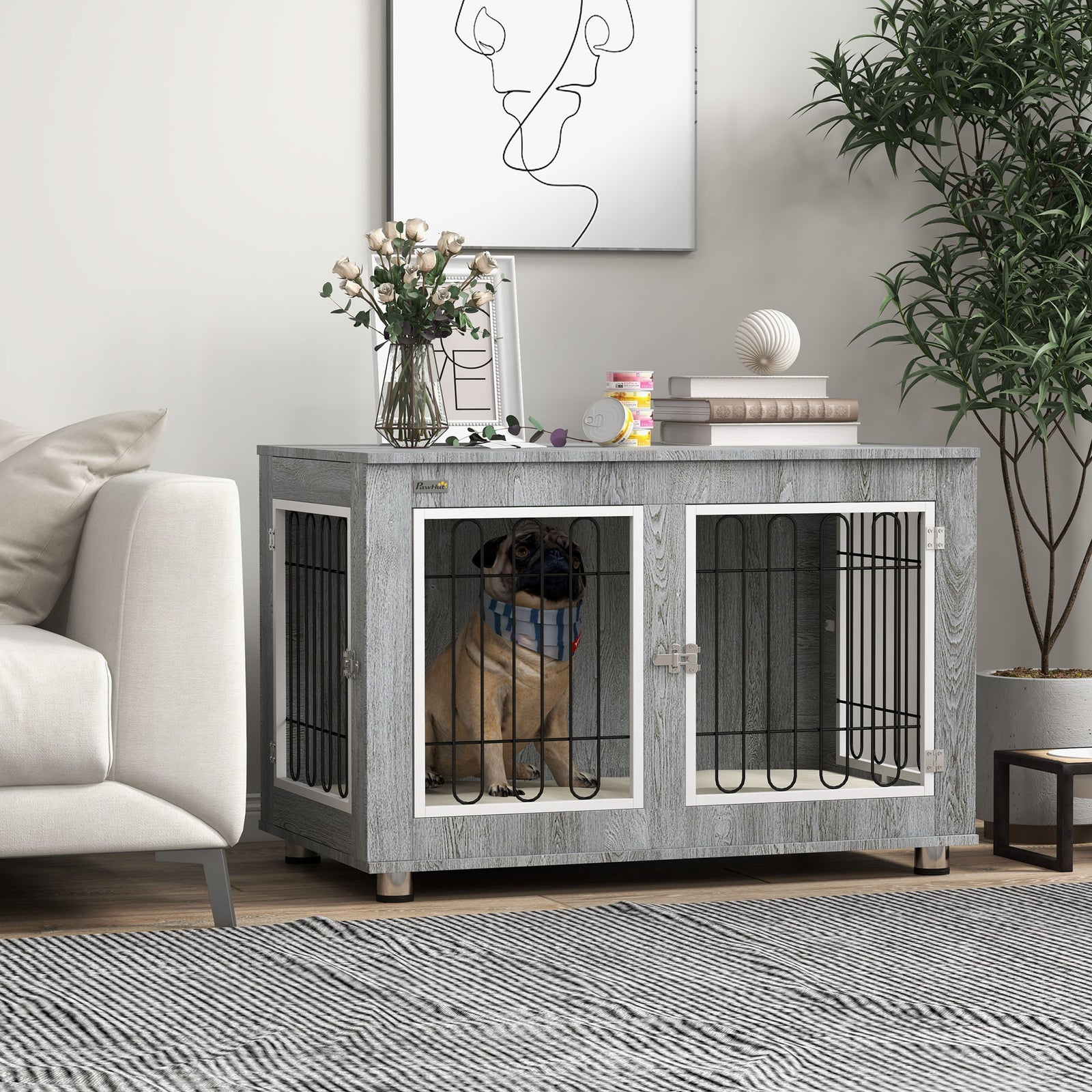 Dog Crate Furniture, Dog Crate End Table W/ Soft Cushion, Double Door