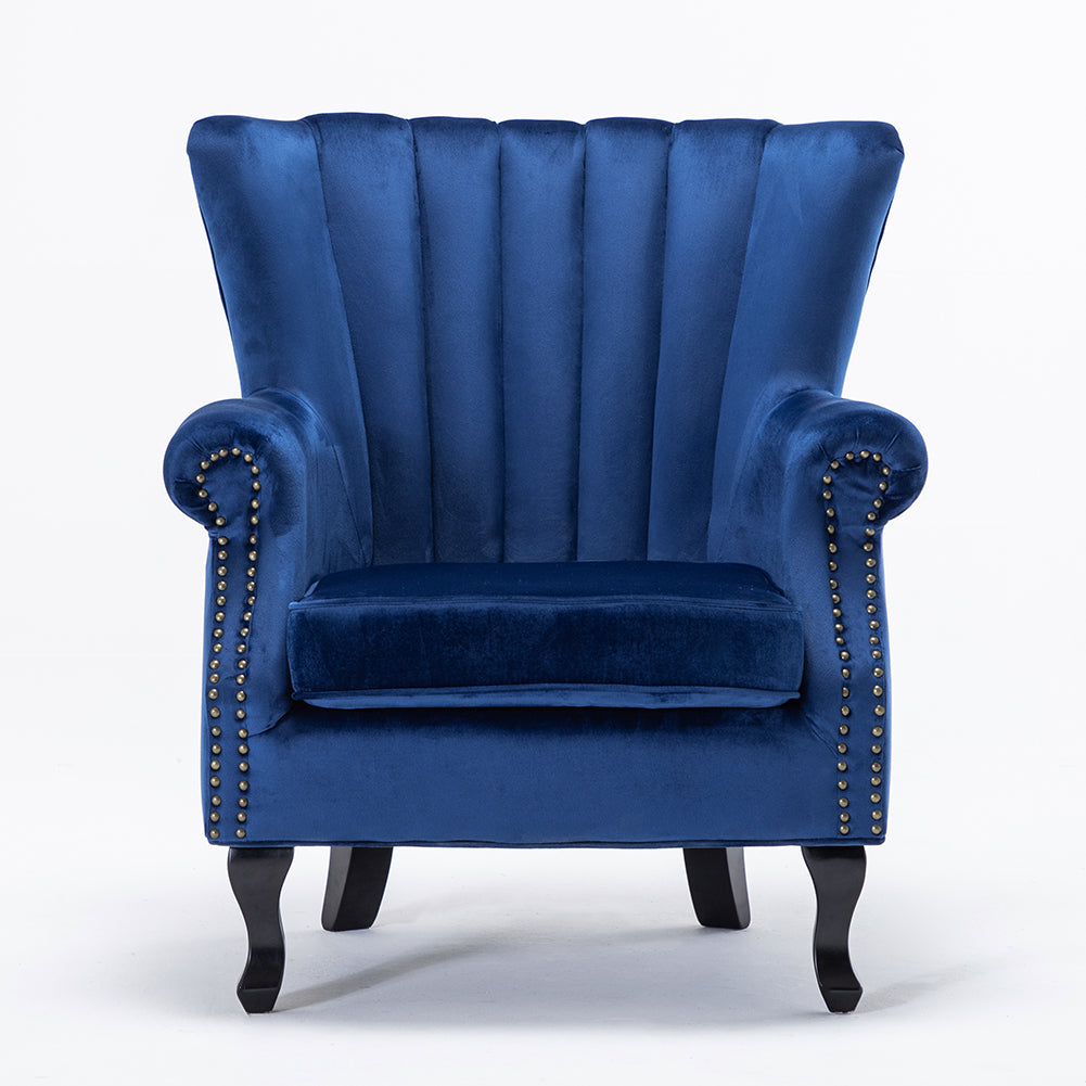 Vintage Old-fashion Velvet Wing Back Armchair With Studs | Dark Blue