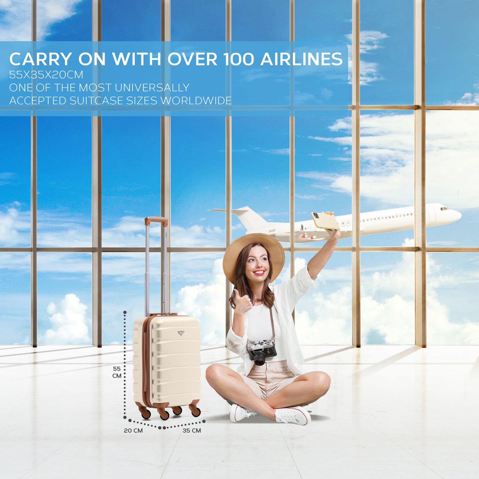 55x35x20cm Cabin Carry On Suitcase Hard Shell Overhead Luggage 100+ Airlines Approved | Cabin | Cream & Brown