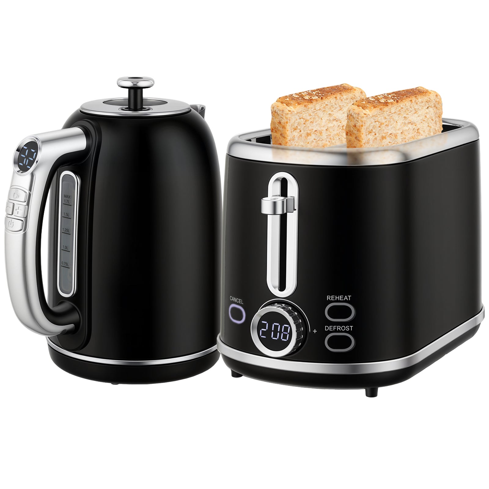 1.7l 3000w Kettle And 2 Slice Toaster With Keep Warm Memory Function | Black