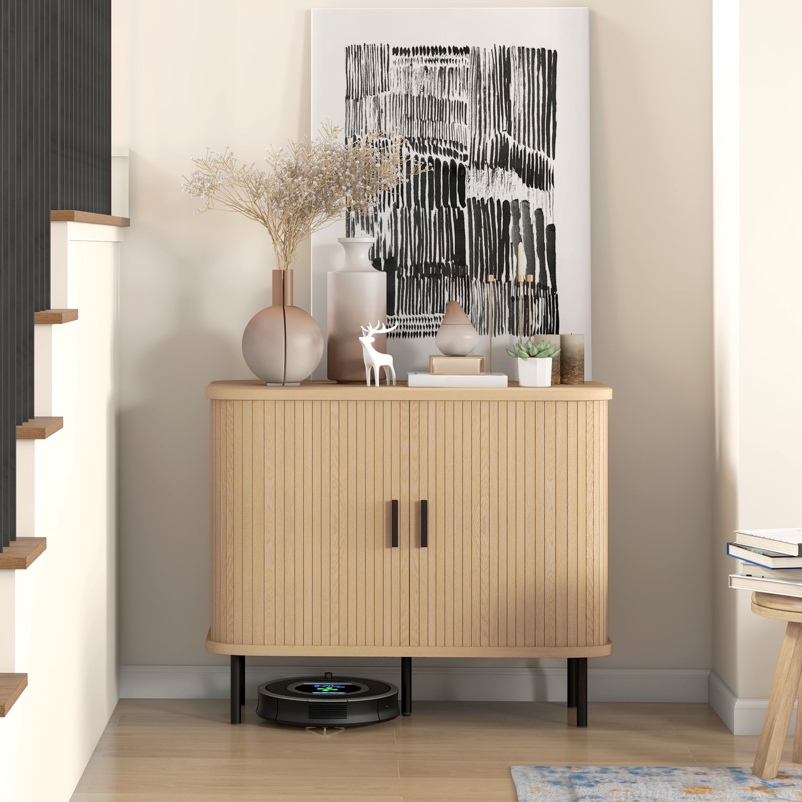 Sideboard Storage Cabinet With Slatted Tambour Sliding Doors
