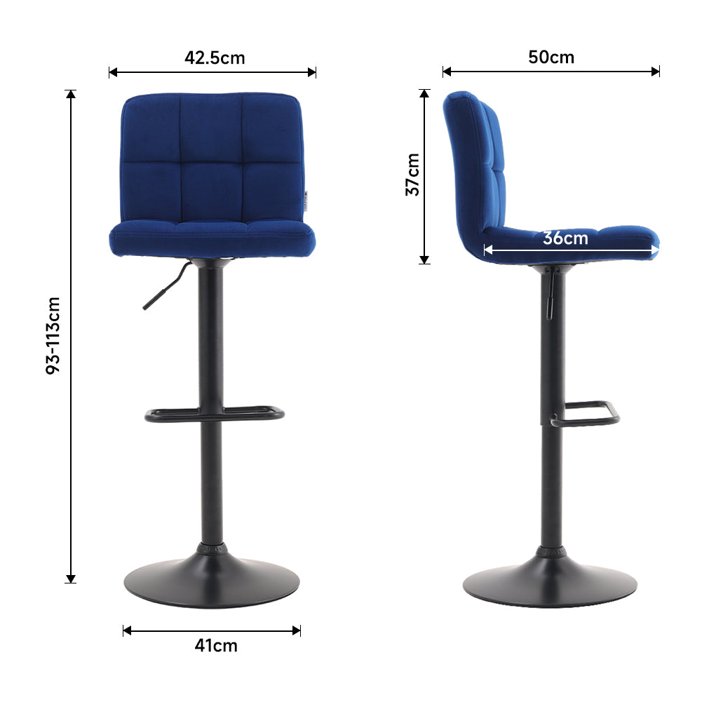 Set Of 2 Height Adjustable Velvet Upholstered Bar Stools With Metal Base | Royal Blue