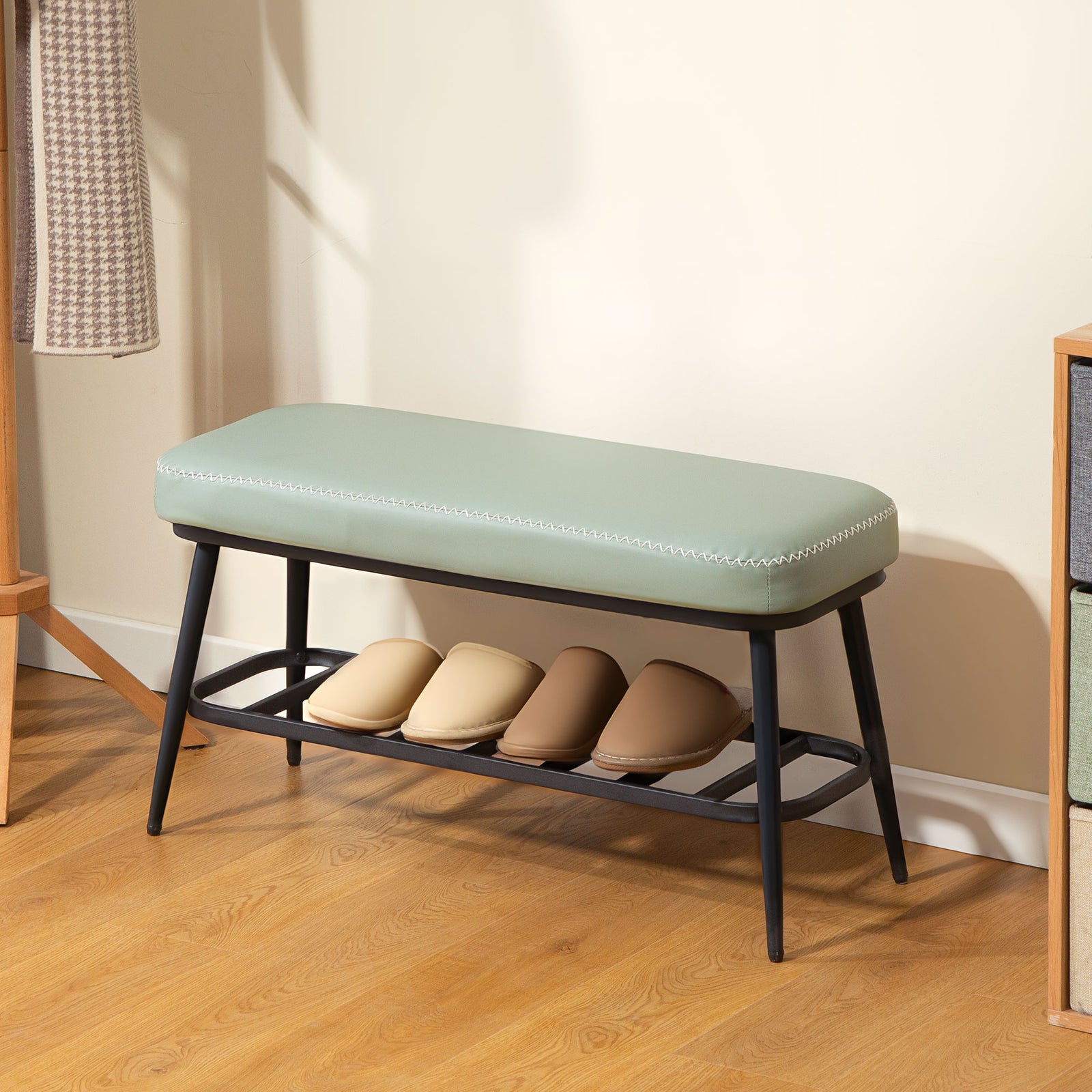 Shoe Bench, Pu Leather Shoe Storage Bench For Entryway | Green