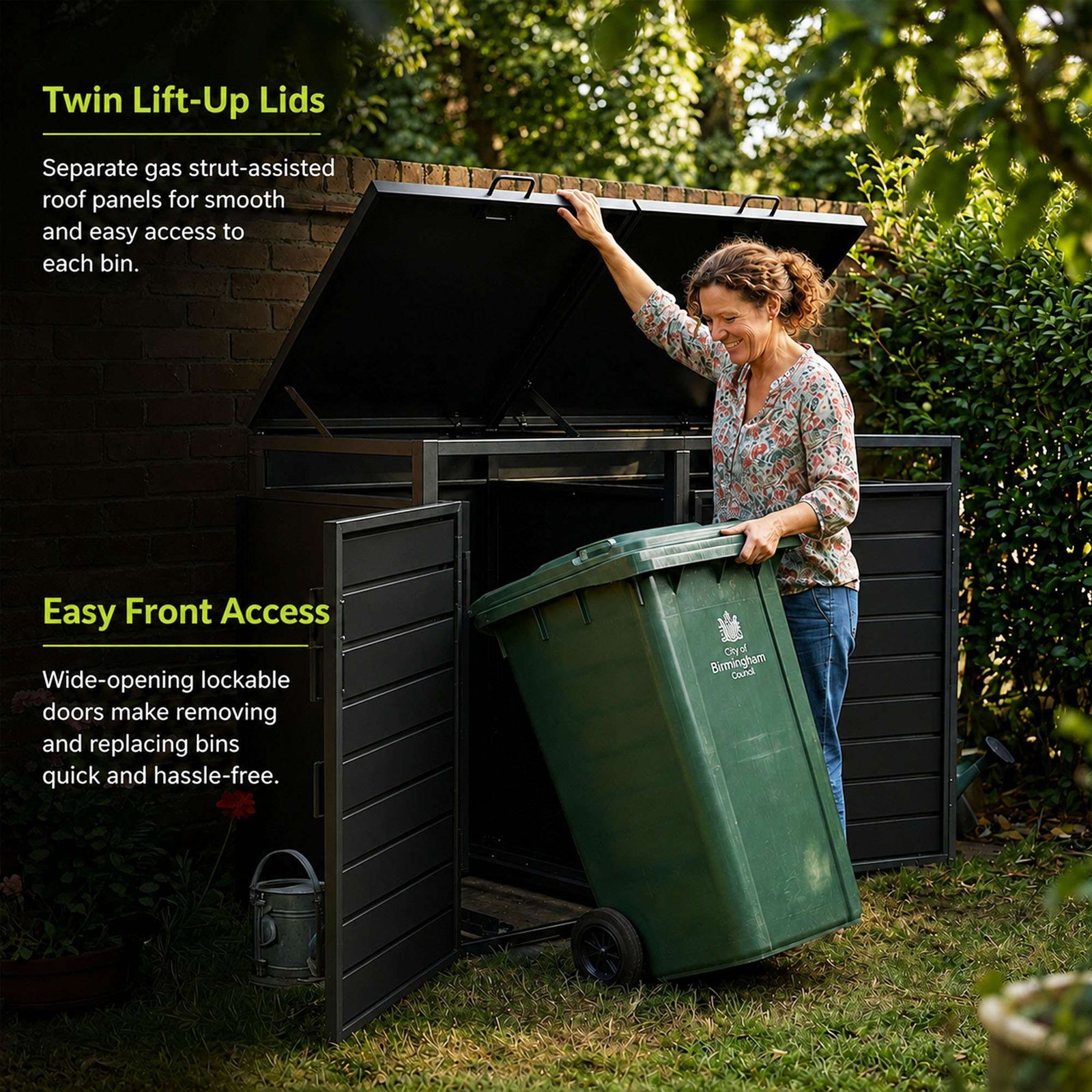 Outdoor Metal Bin Storage Double Wheelie Bin Storage Shed - Wood Slat Doors