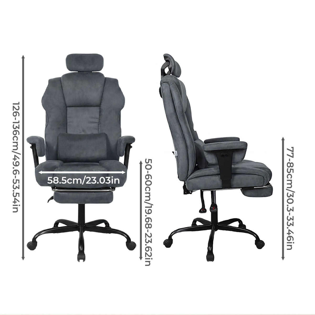 Ergonomic Office Chair Suede Fabric Wide Seat 155° Recline Footrest | Grey