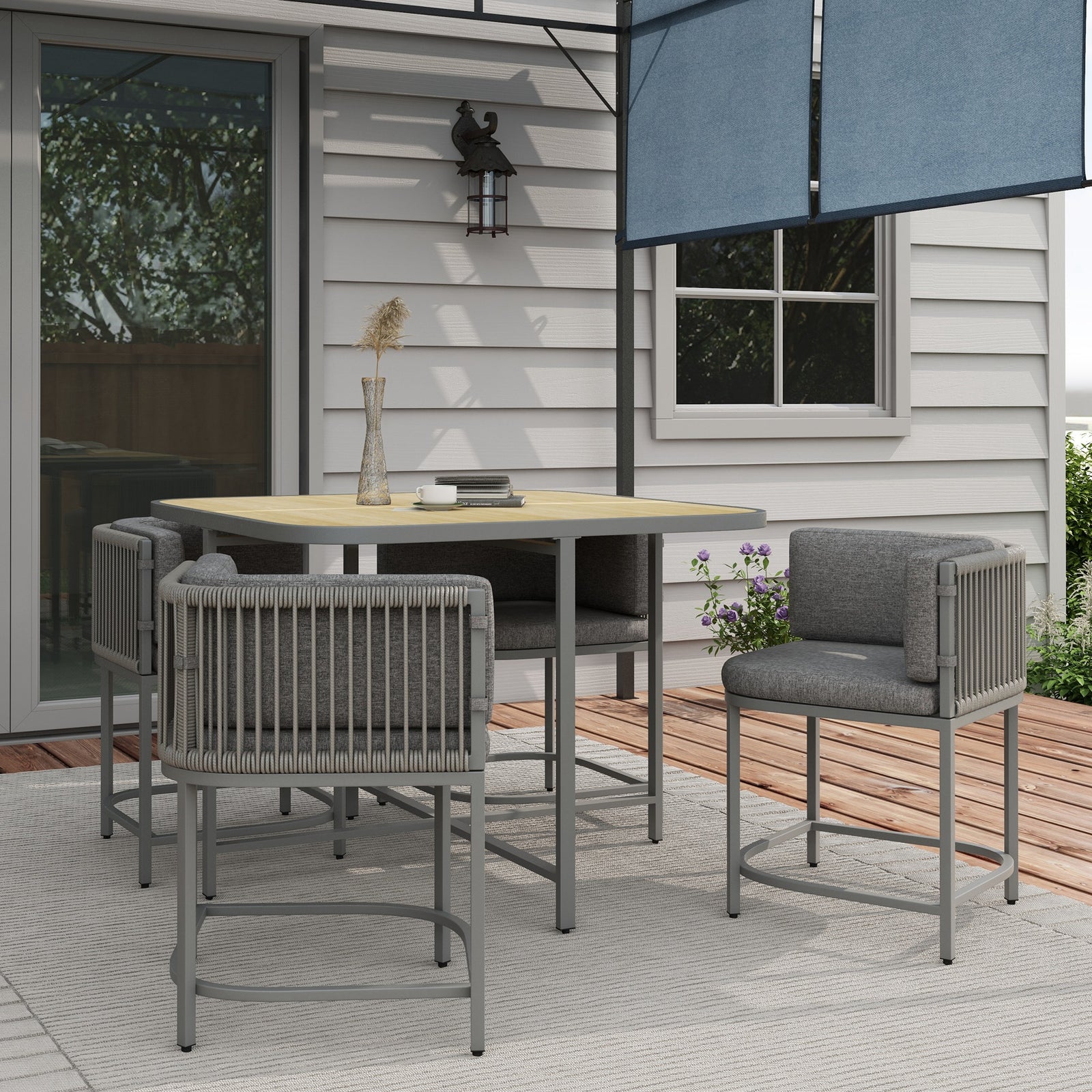 5 Pcs Rattan Set Cube Space-saving, Grey