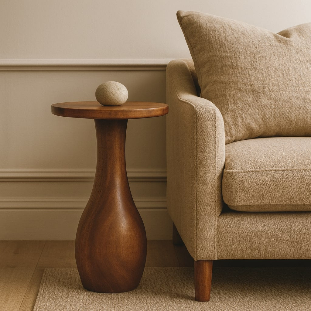 Curved Base Side Table – Solid Wood, Amber Oak Finish