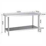 150×60cm Stainless Steel Work Table 2-tier Commercial Kitchen Prep Station, 80cm Height