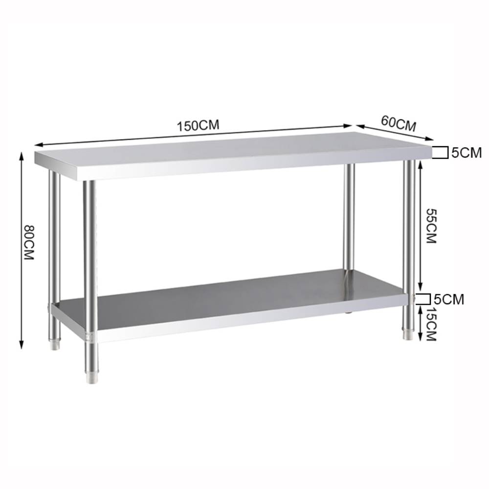 150×60cm Stainless Steel Work Table 2-tier Commercial Kitchen Prep Station, 80cm Height
