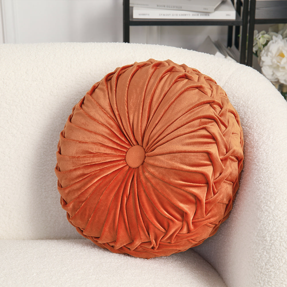 Round Pumpkin Velvet Cushion Soft Pleated Accent Pillow | Small | Orange