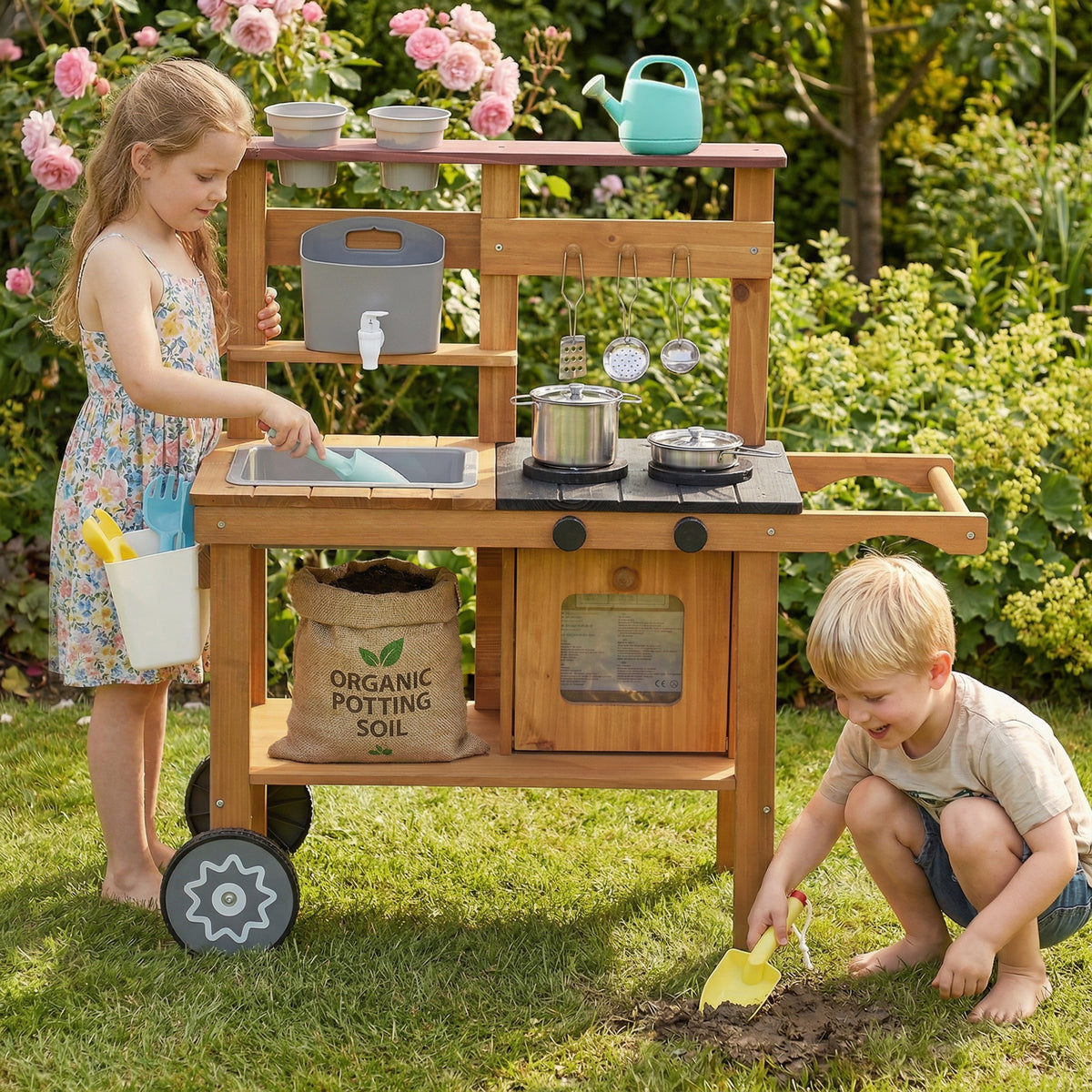 AIYAPLAY Wooden Mud Kitchen With Wheels, Stove, Stainless Steel Accessories